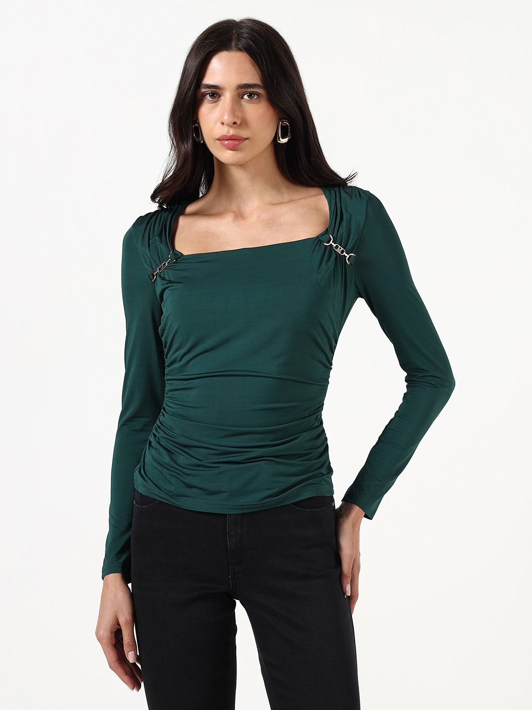 MARCIANO by GUESS Women Ruched Square Neck Long Sleeves Top