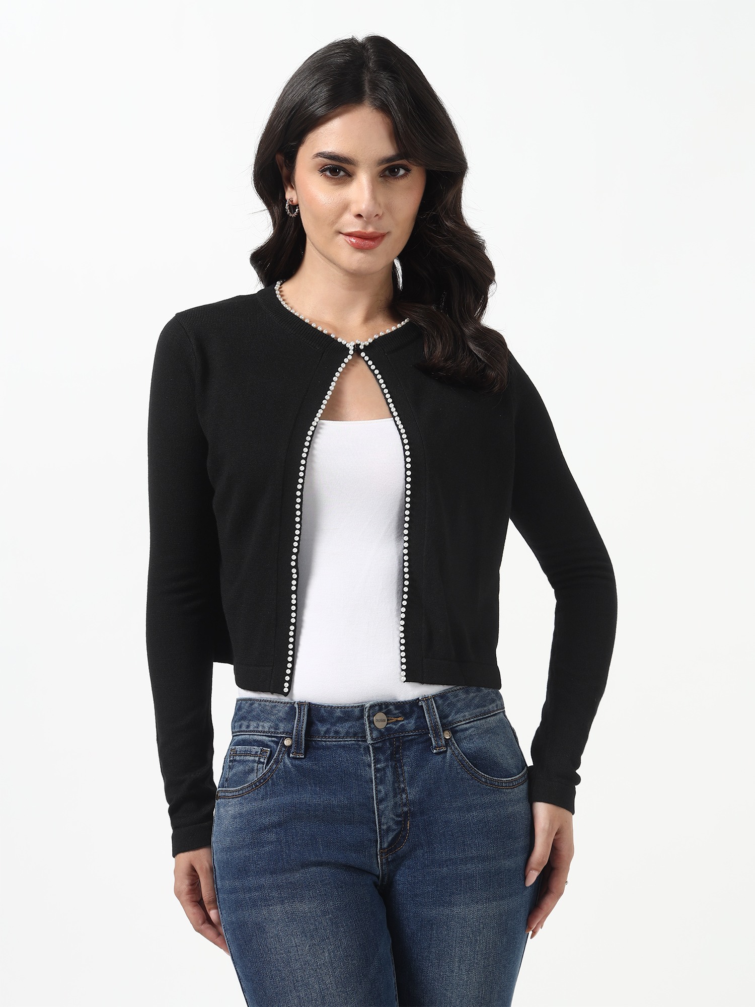Marciano By Guess Women Black Solid Minerva Pearls Knit Cardigan