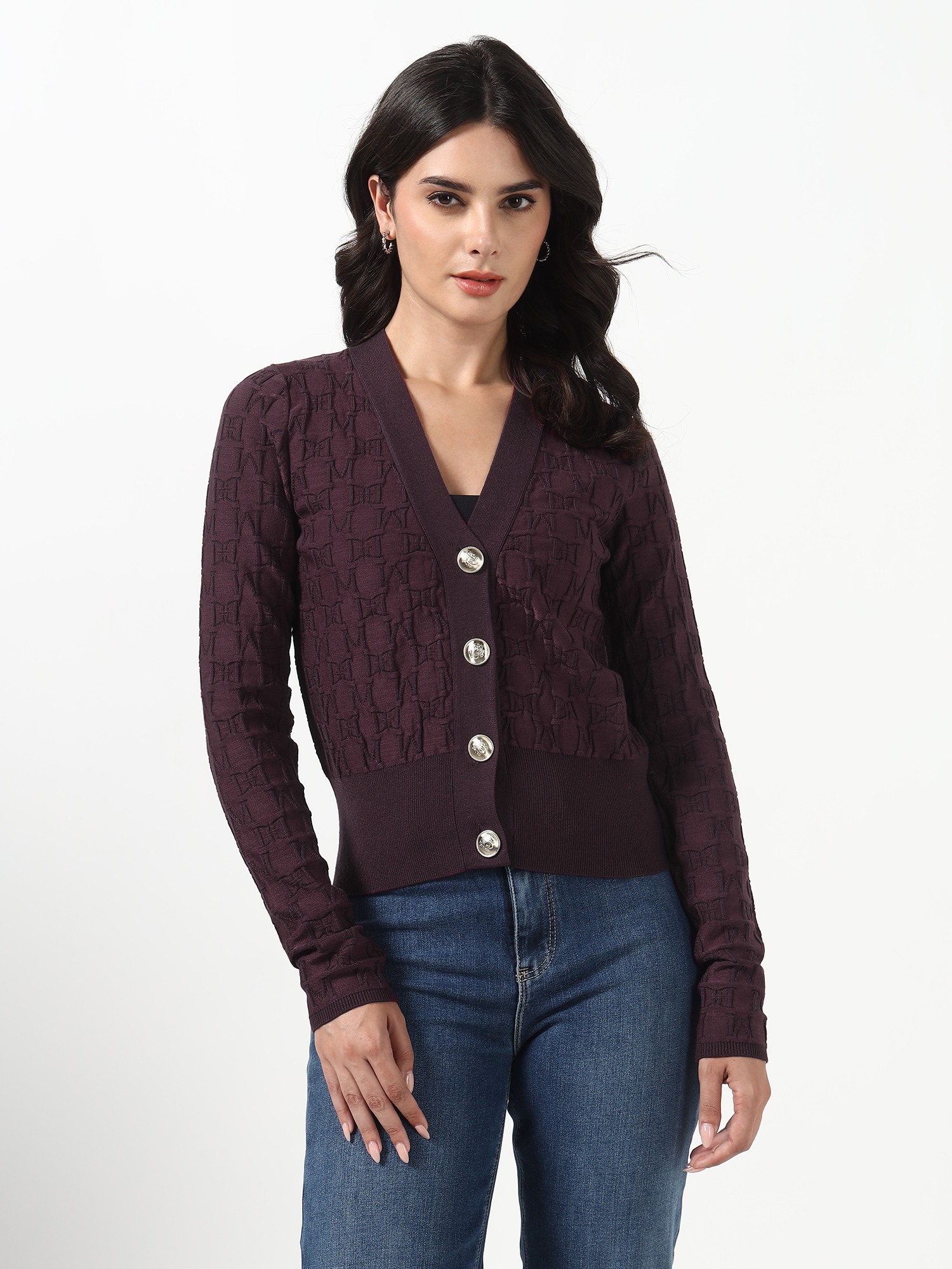 Marciano By Guess Women Burgundy Monogram Marti Knit Cardigan