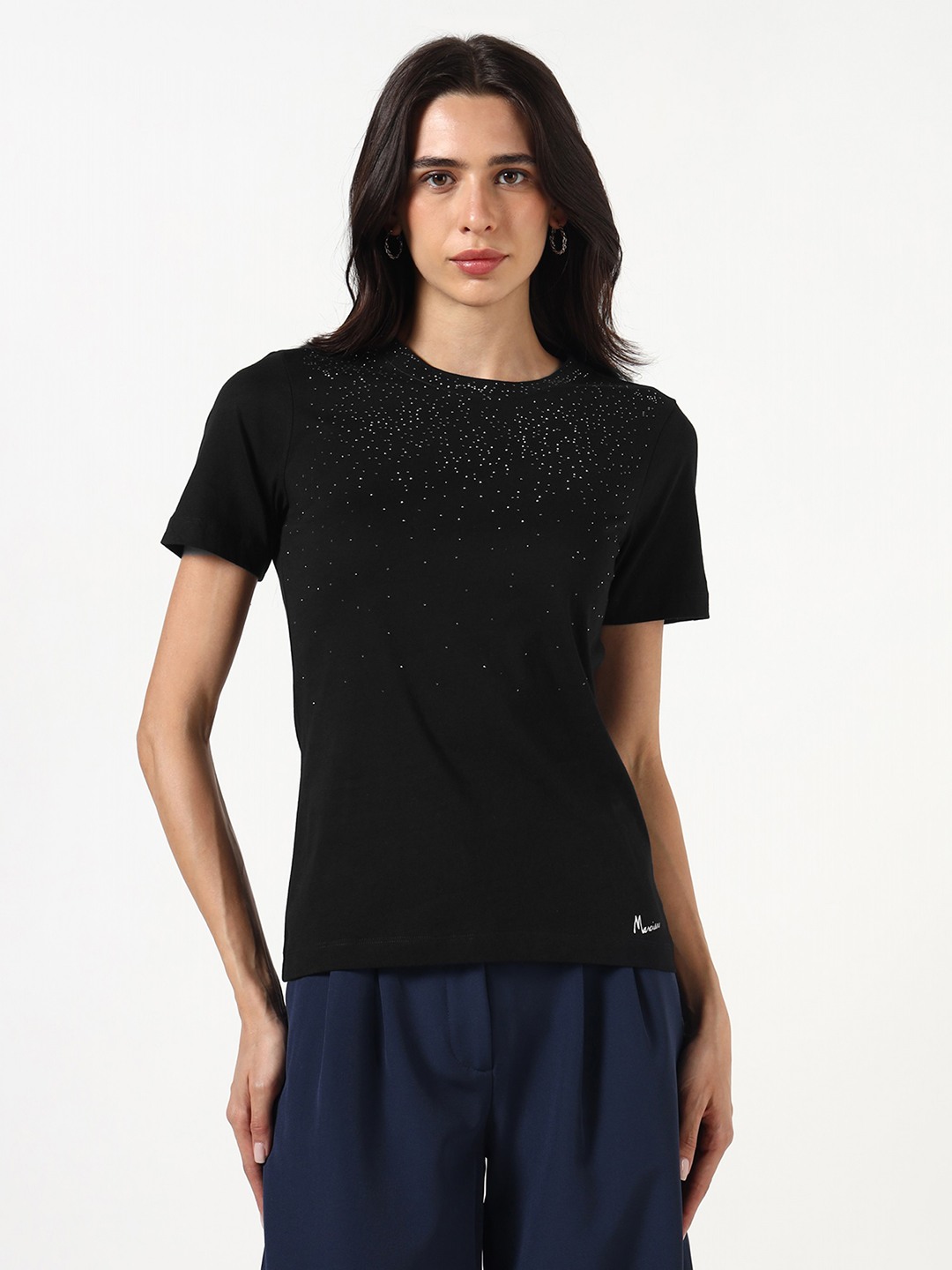 MARCIANO by GUESS Women Embellished Round Neck Short Sleeves T-Shirt