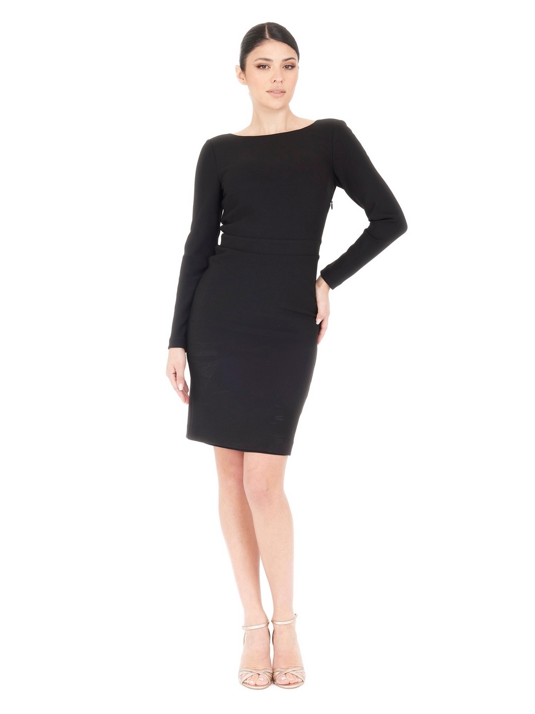 Guess Women Black Solid Boat Neck Long Sleeves Sheath Dress