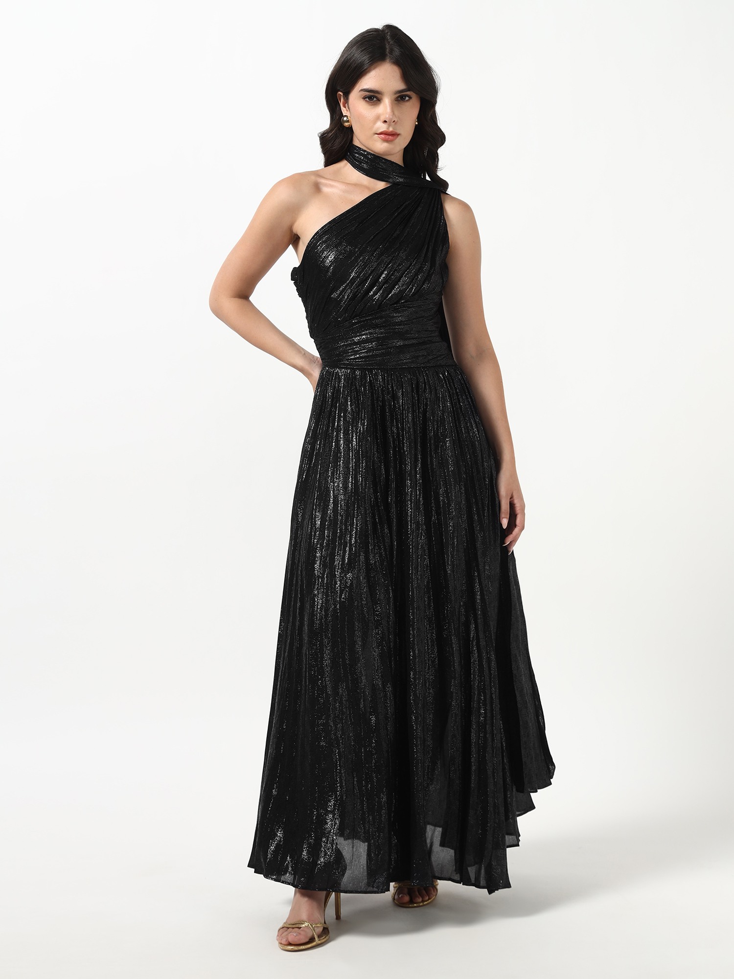 Marciano By Guess Women Black Metallic Self Design Sunburst Pleated Stephany Dress