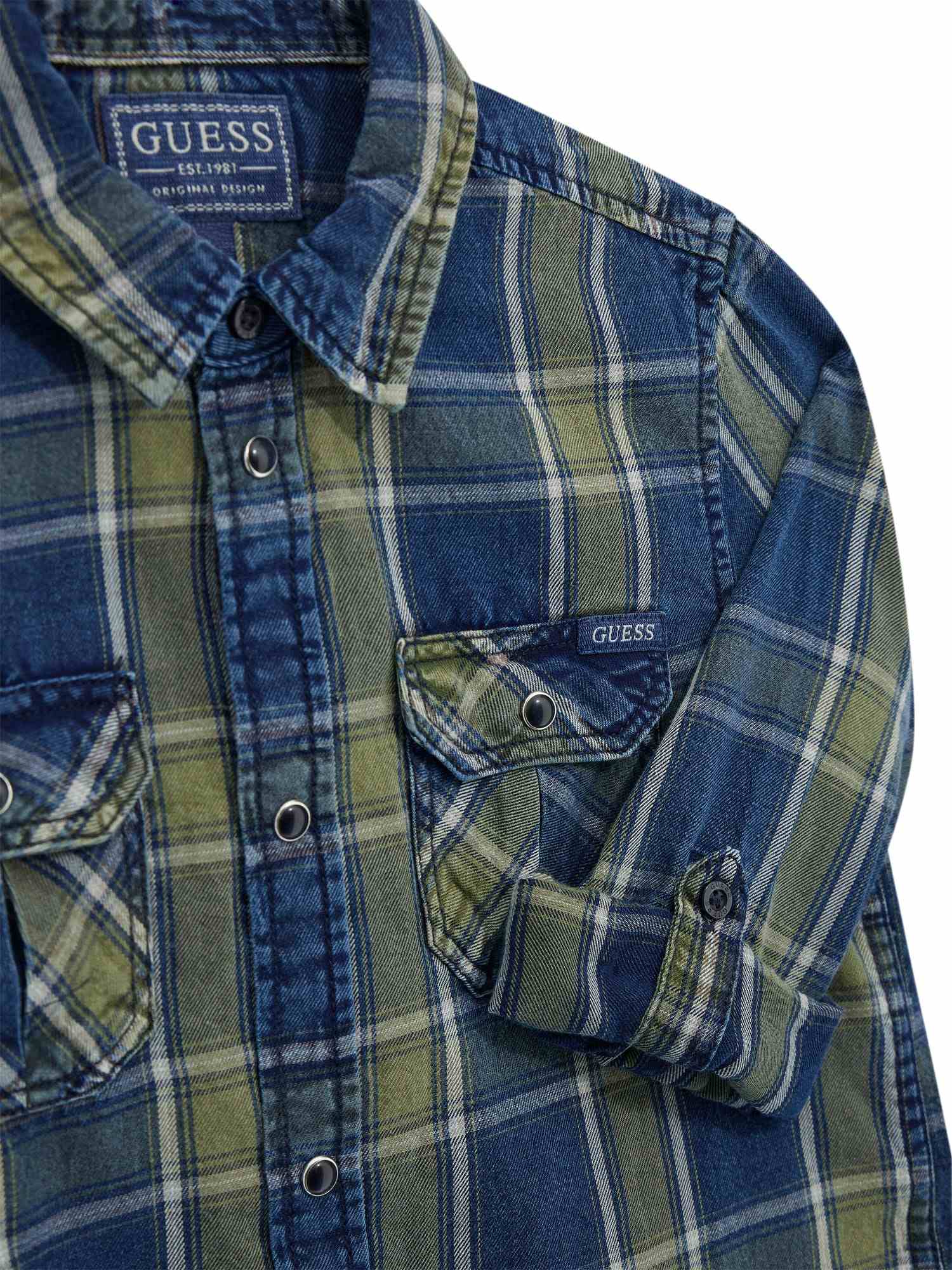 Guess Boys Indigo & Green Checks Regular Fit Shirt