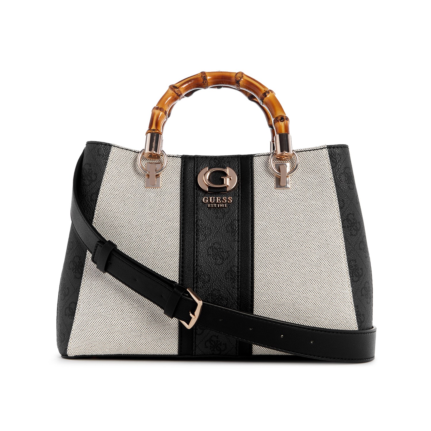 Guess Women's Black Cotton Polyester Blend Printed Satchel Bag