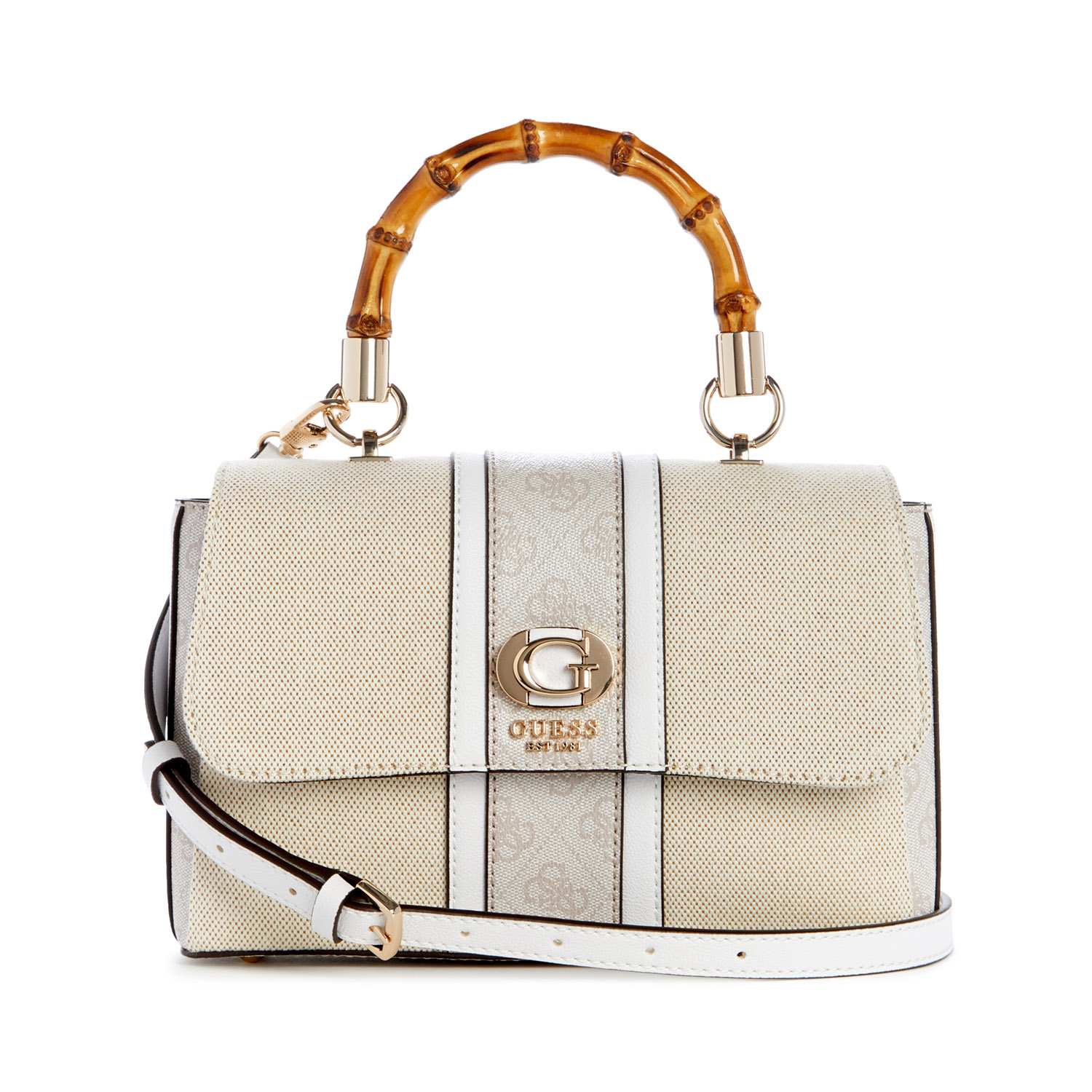 Guess Women's Off White Cotton Polyester Blend Printed Crossbody Bag