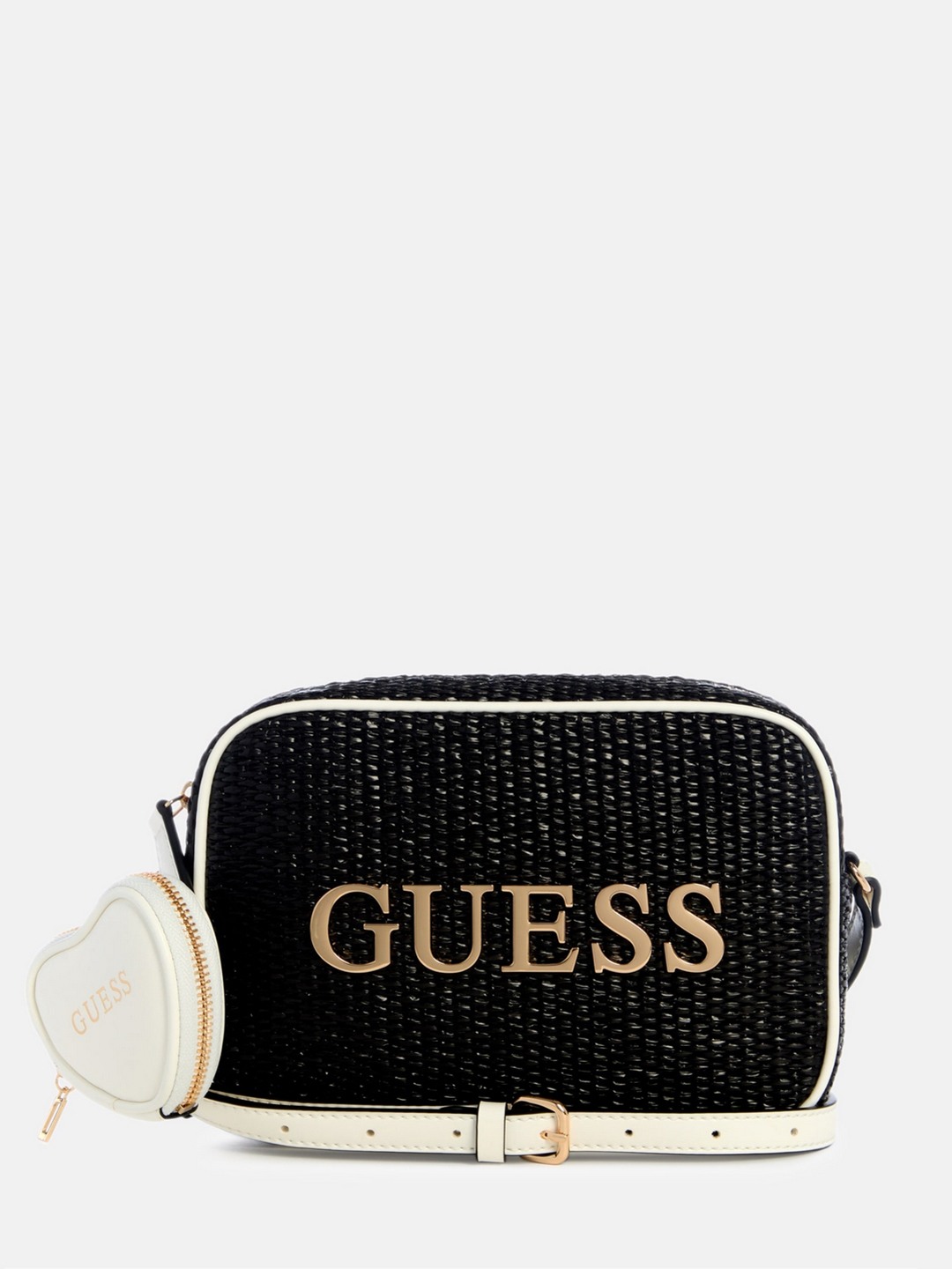 Guess Black Straw Weave Pristina Camera Crossbody Bag