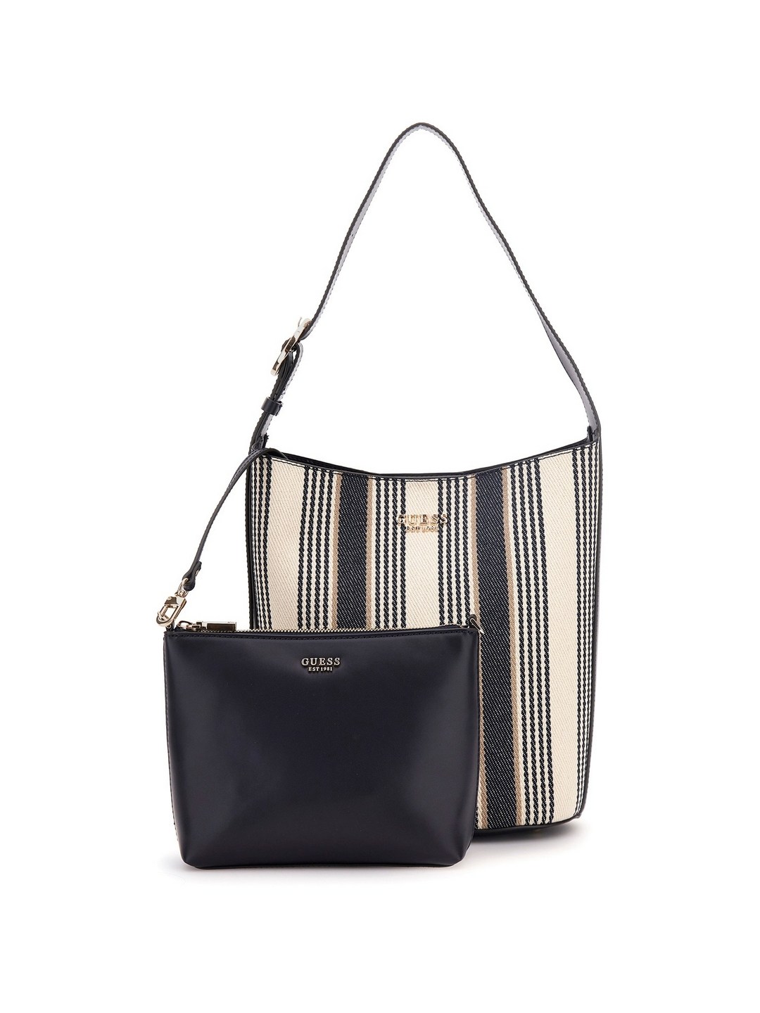 Guess Navy Multi Striped Nicolette Large Bucket Shoulder Bag