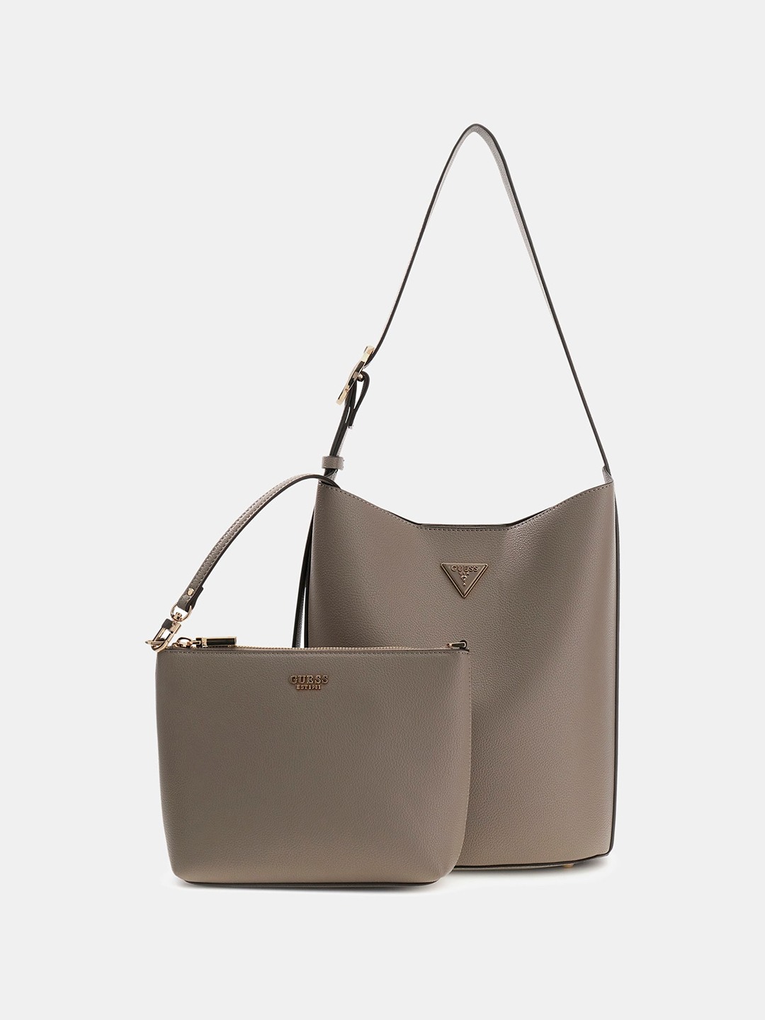Dark Taupe Solid Magnet Meridian Bucket Shoulder Bag With Pouch