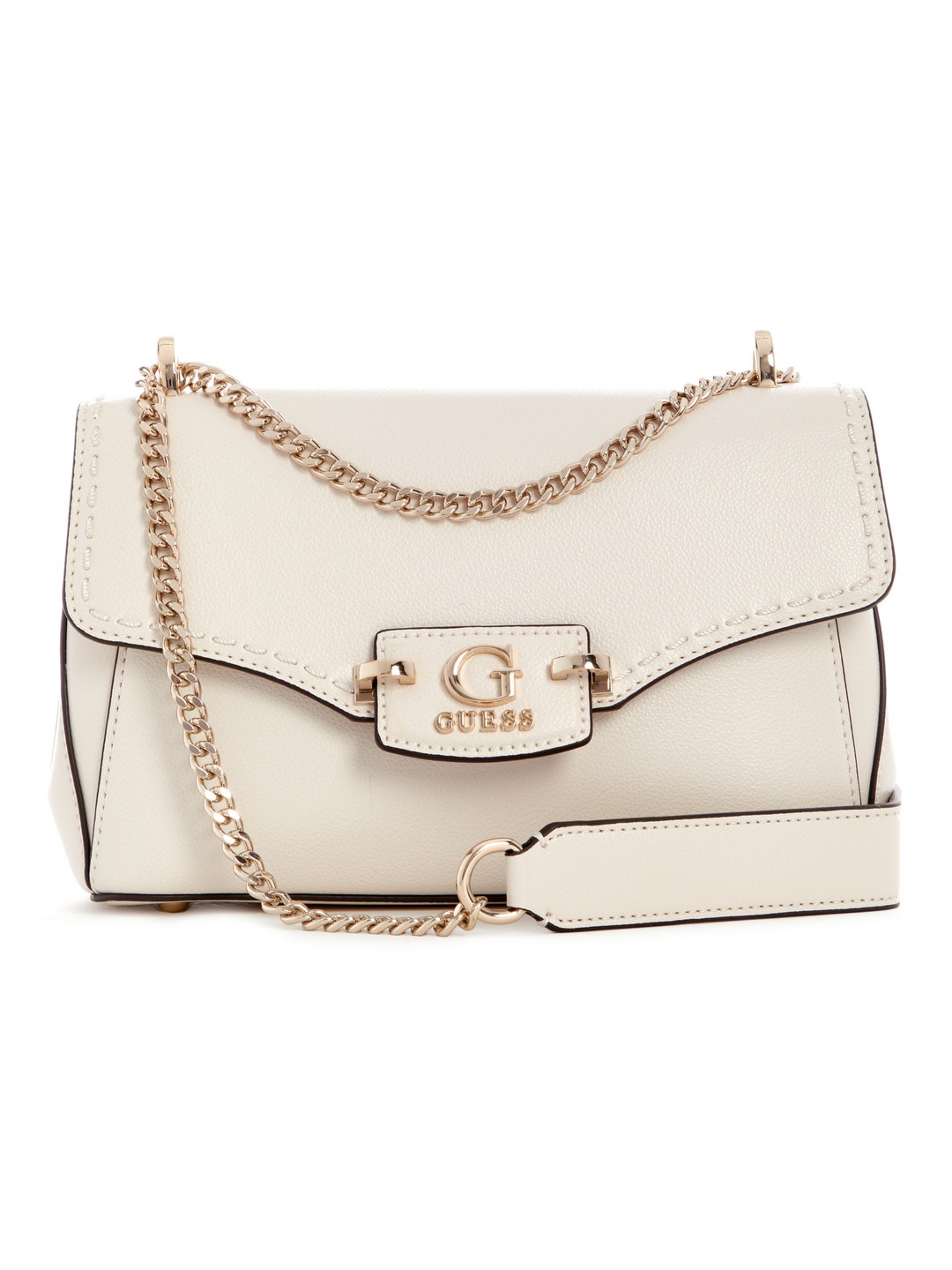 Guess Off White Solid Nastra Convertible Flap Crossbody Bag