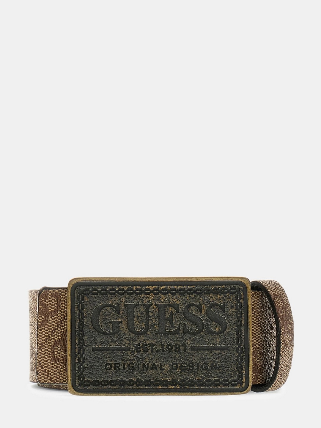 Guess Men Beige Brown Multi Pin Buckle Monogram Reversible Belt