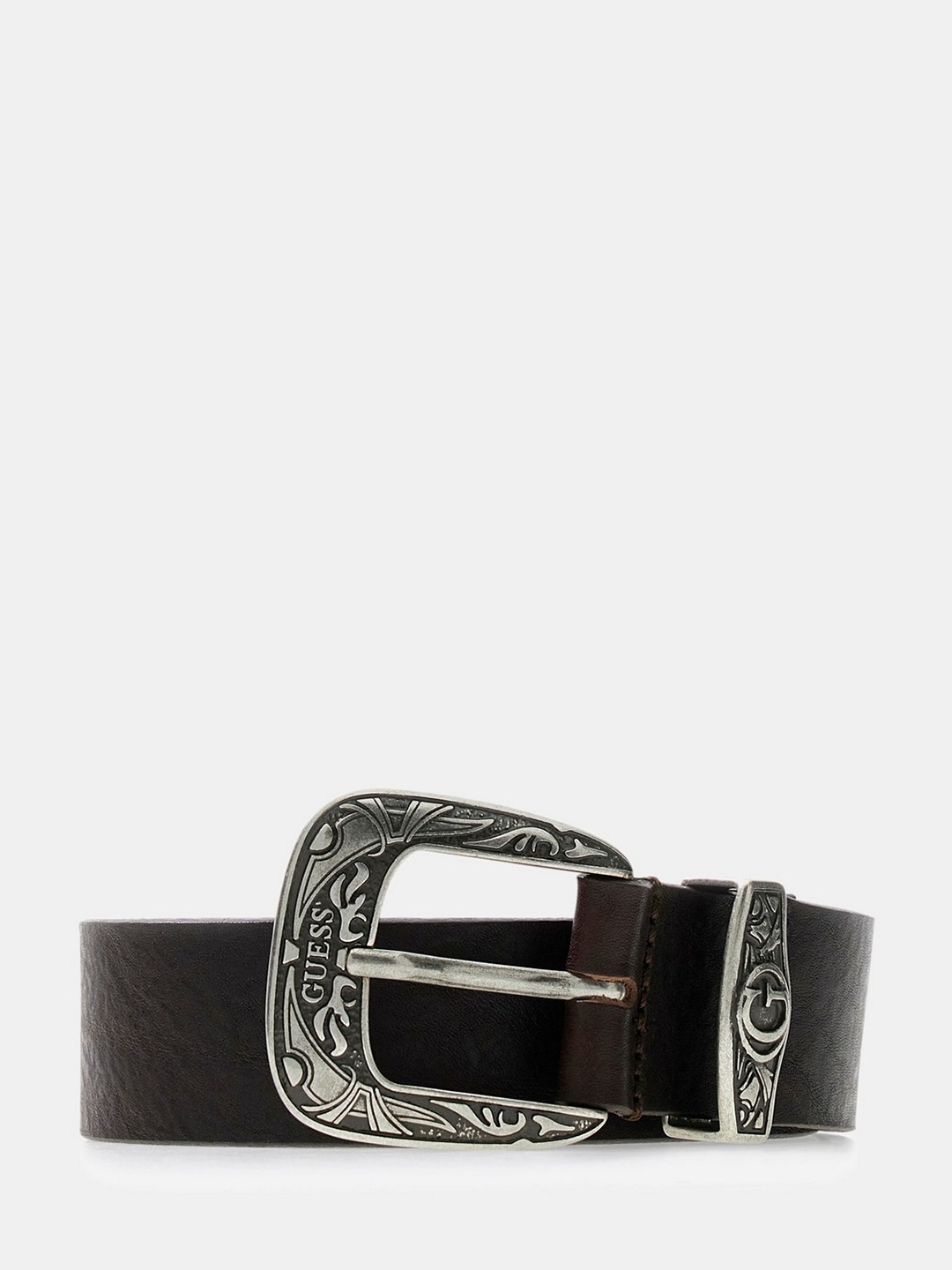 Guess Men Dark Brown Tang Buckle Solid Belt