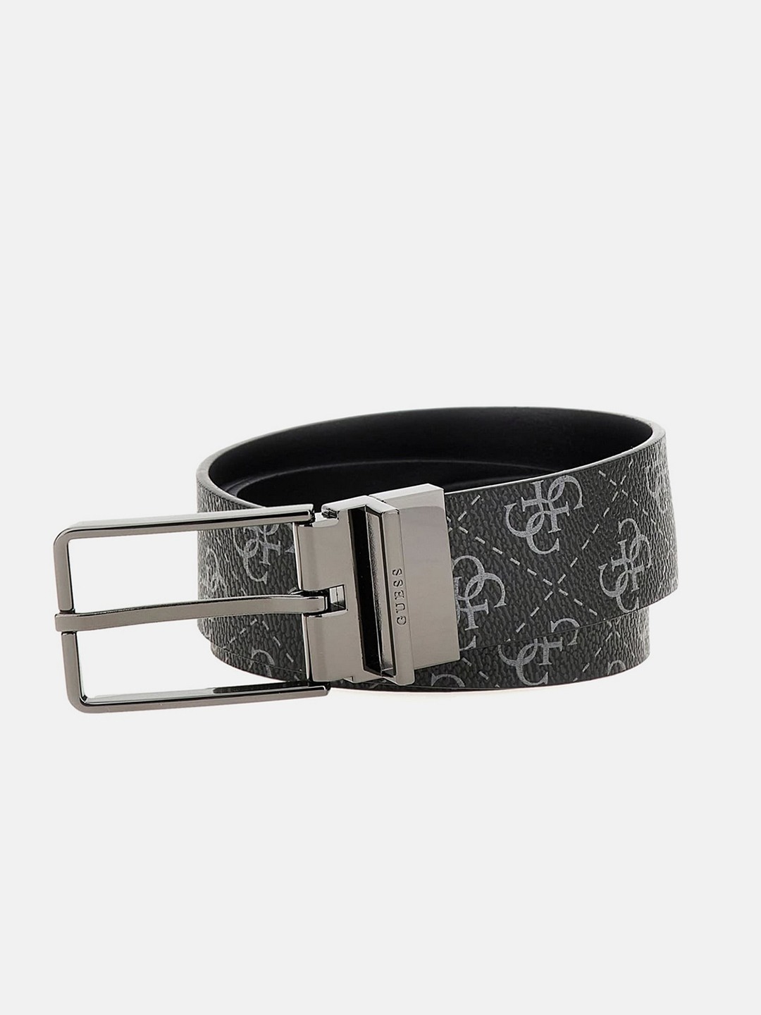 Guess Men Agueda Dark Black Multi Tang Buckle Monogram Reversible Belt
