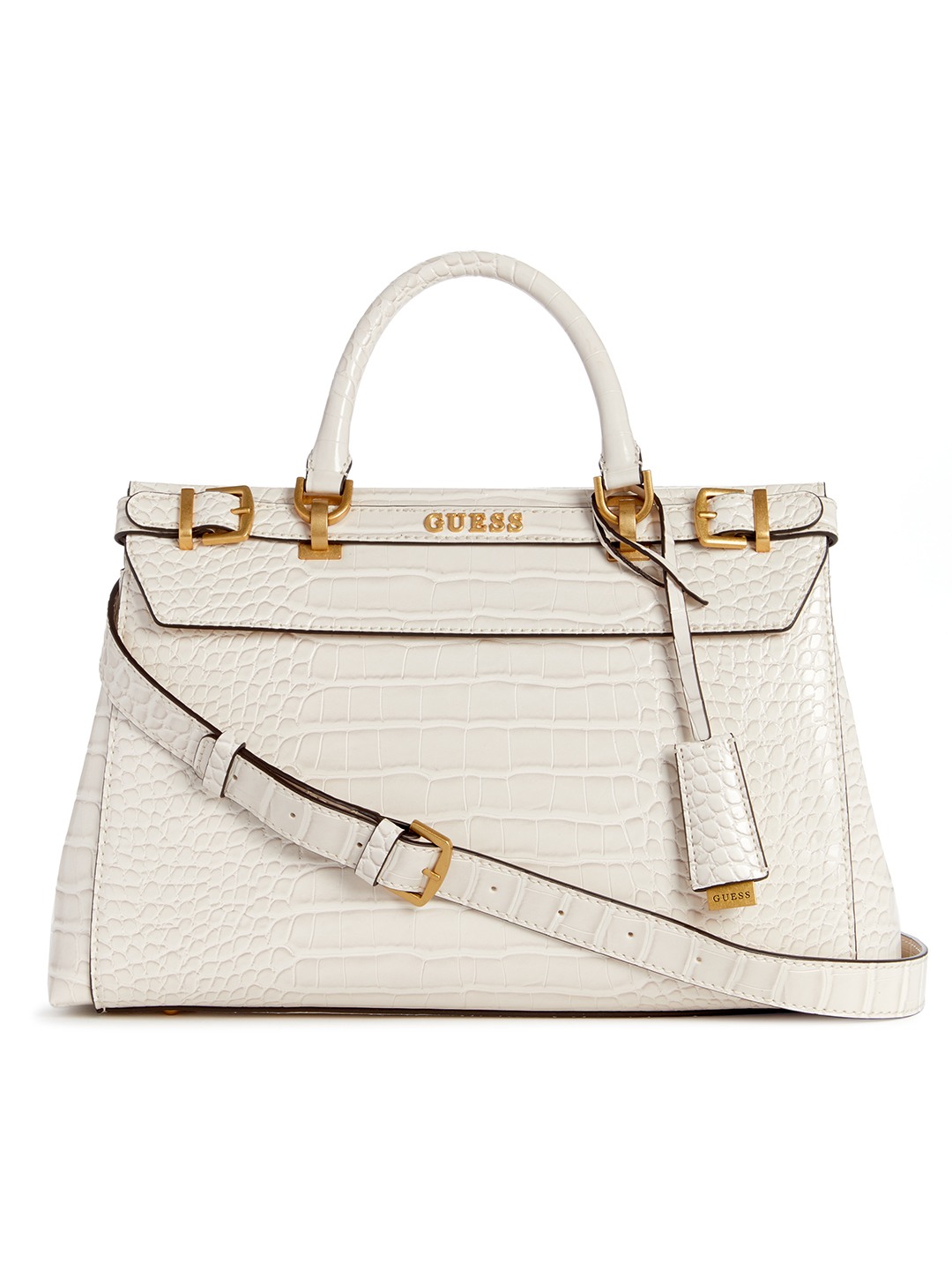 Guess Women White Solid Satchel Bag with Zip Closure
