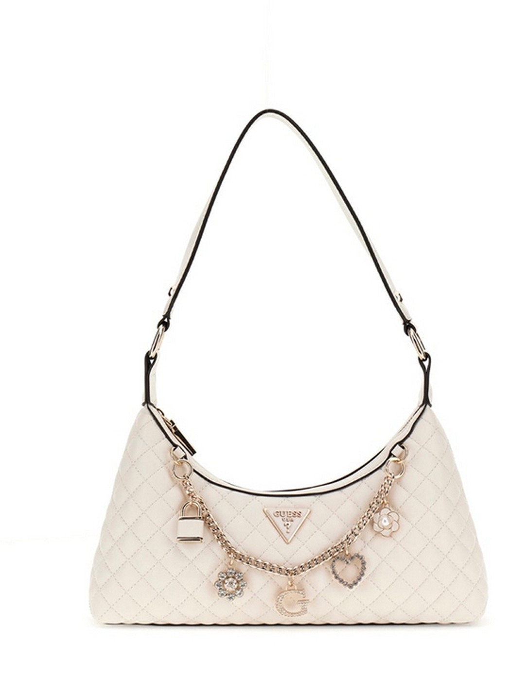 Guess Off White Quilted Everlee Top Zip Shoulder Bag