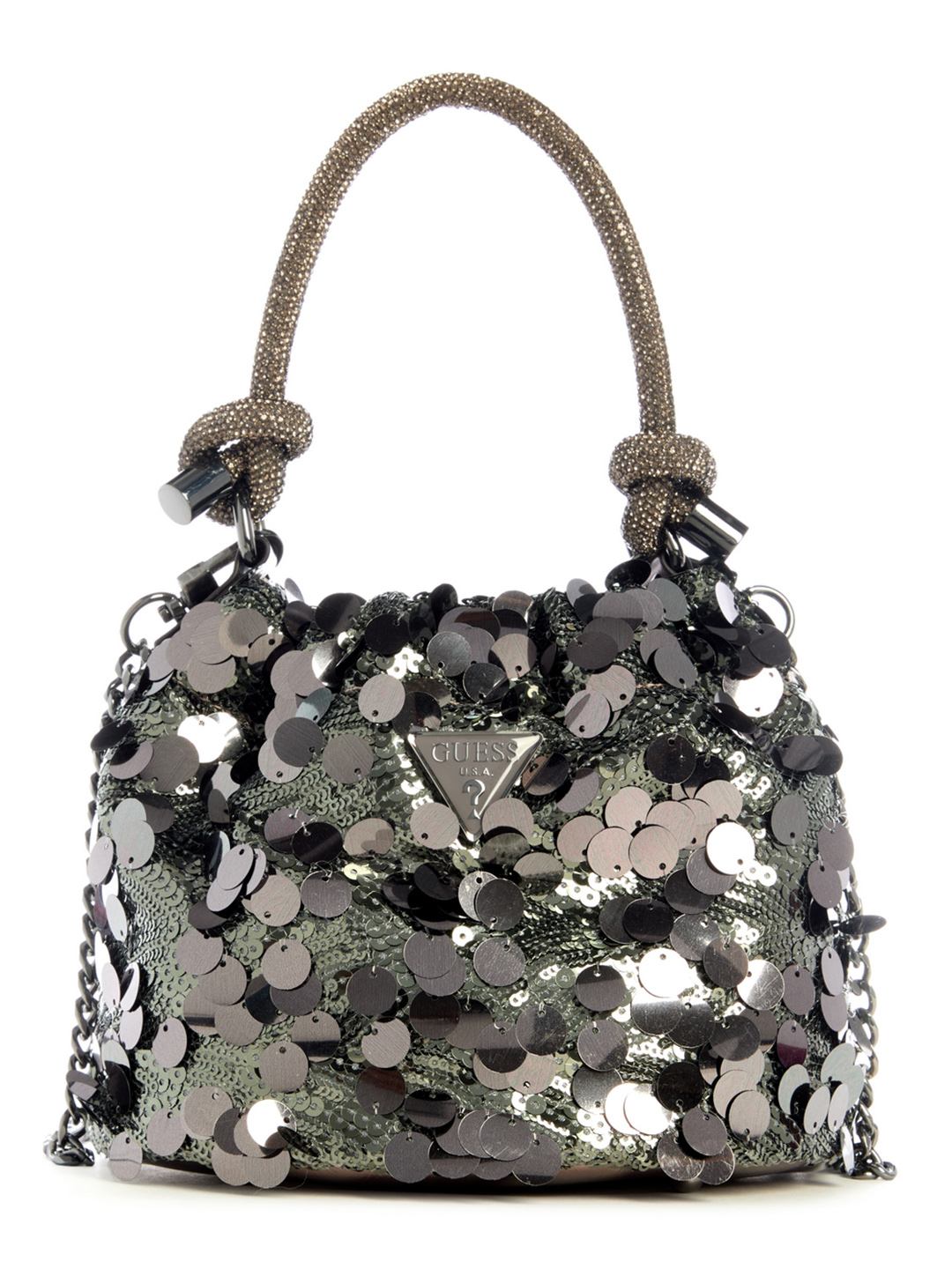 Grey Embellished Holiday Shine Top Handle Pouch