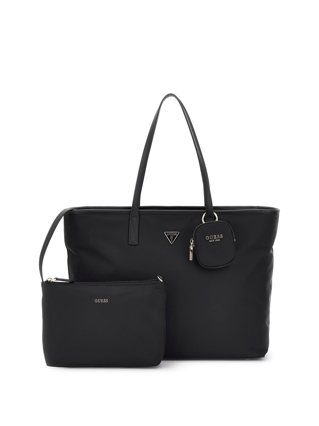 Guess Women Black Solid Top Handles Tote Bag with Inner Bag and Pouch