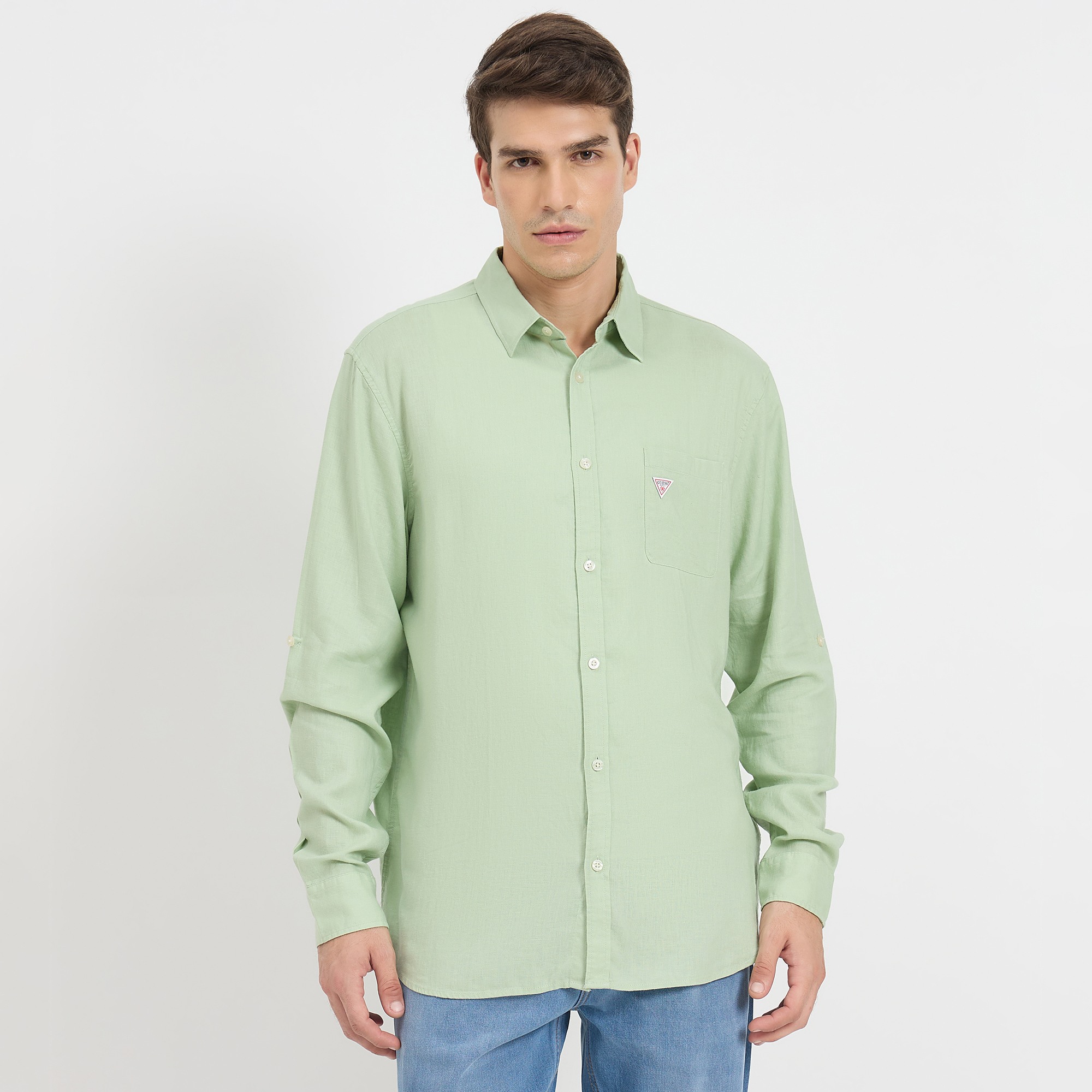 Guess Men Solid Spread Collar Roll-Up Sleeve Casual Shirt
