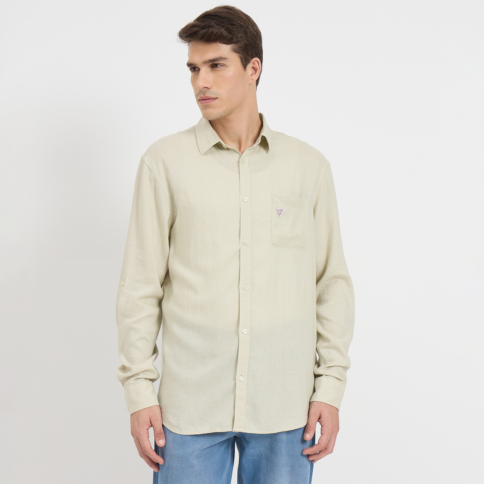 Guess Men Solid Spread Collar Roll-Up Sleeve Casual Shirt