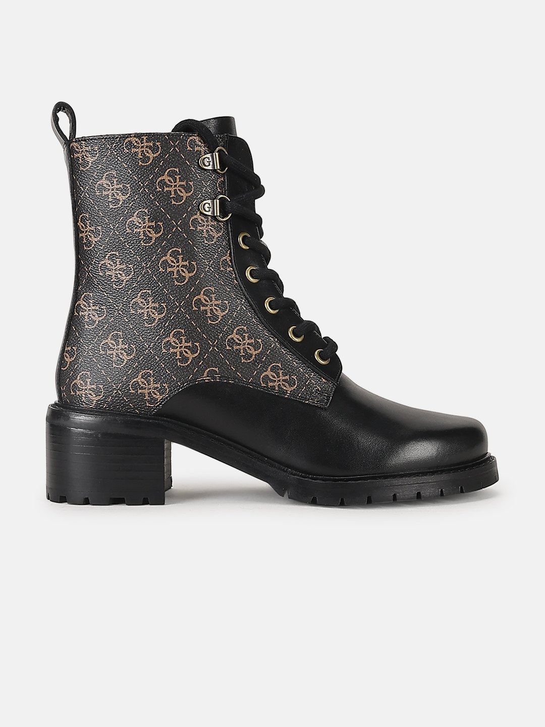 Black Printed Lace-Up Round Toe Anfibio Boots