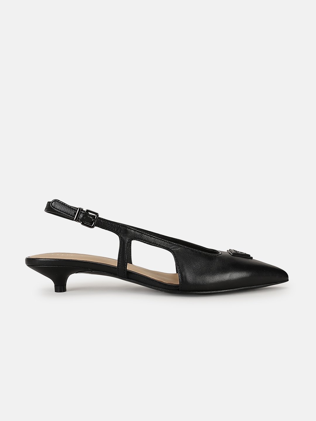 Black Solid Buckle Strap Pointed Toe Sling Back Kitten Heel Ballerinas