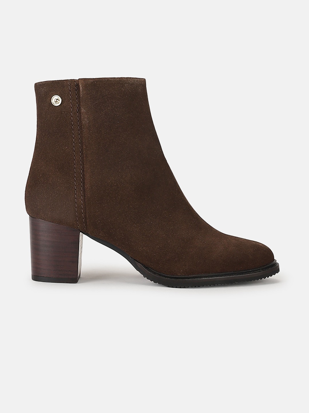 Brown Solid Zip Round Toe Boots