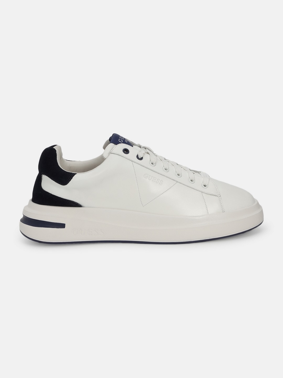 Men White Blue Leather Lace-Ups Round Toe Cupsole Sneakers