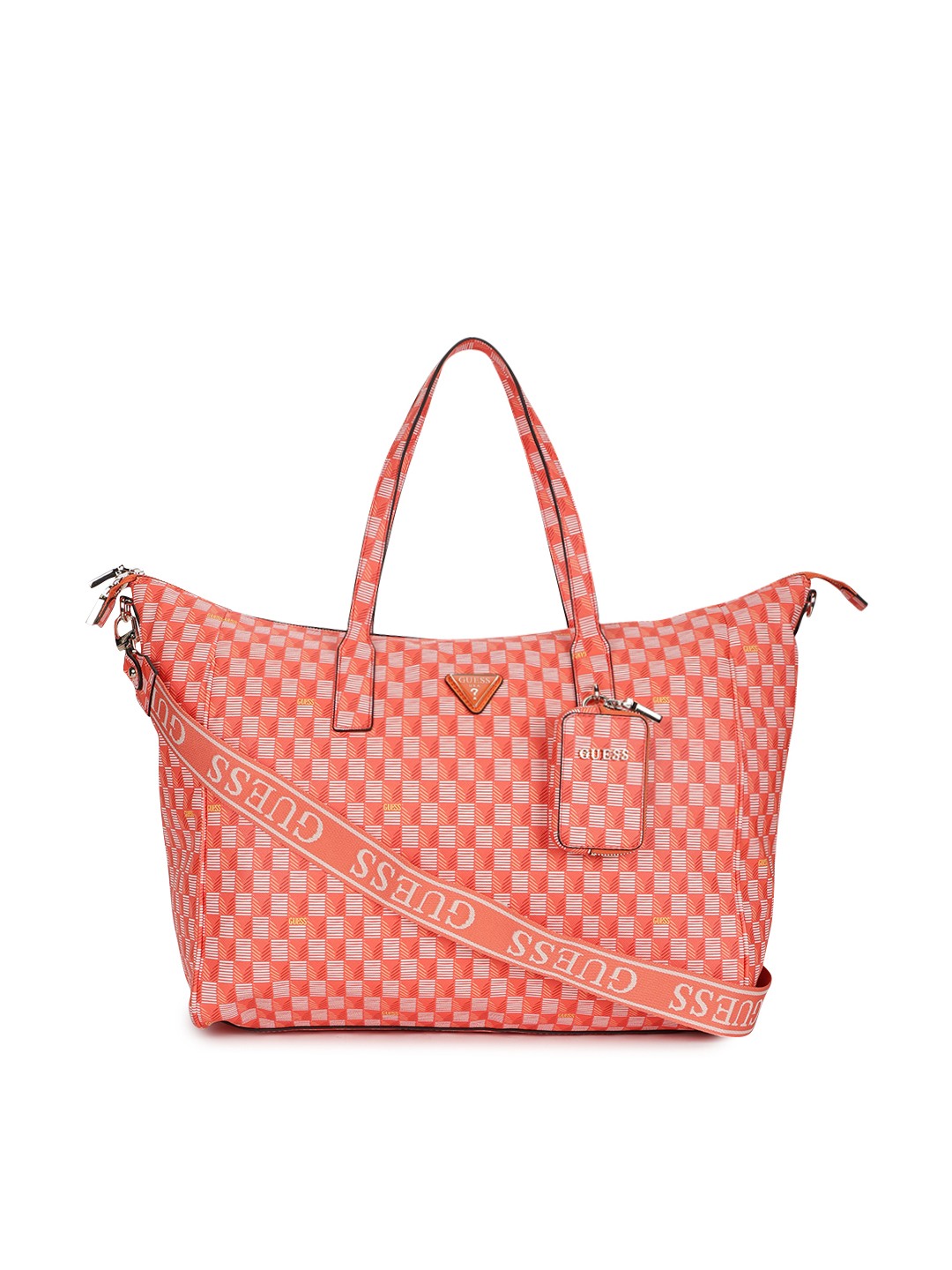 Orange Logo Checkered Carryon Large Tote Bag With Detachable Coin Pouch