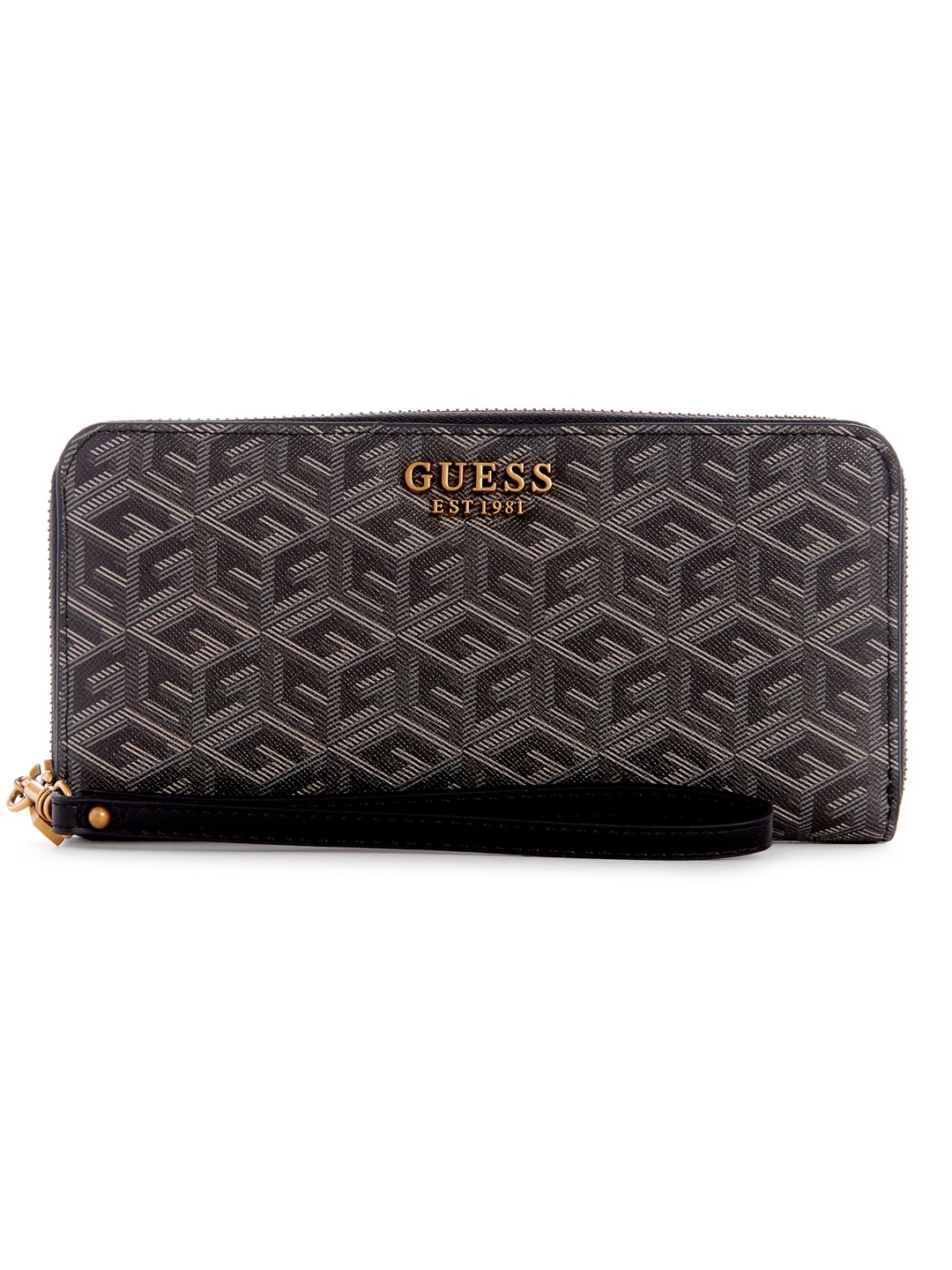 Guess Women Black Printed Zip Around Wallet with Zip Closure