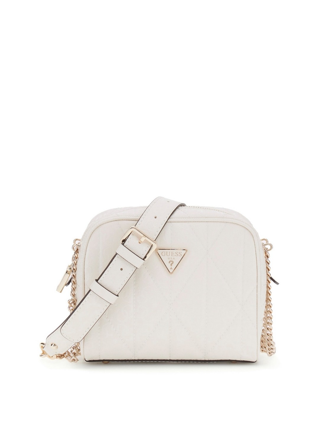 Guess Off White Quilted Aldina Camera Crossbody Bag