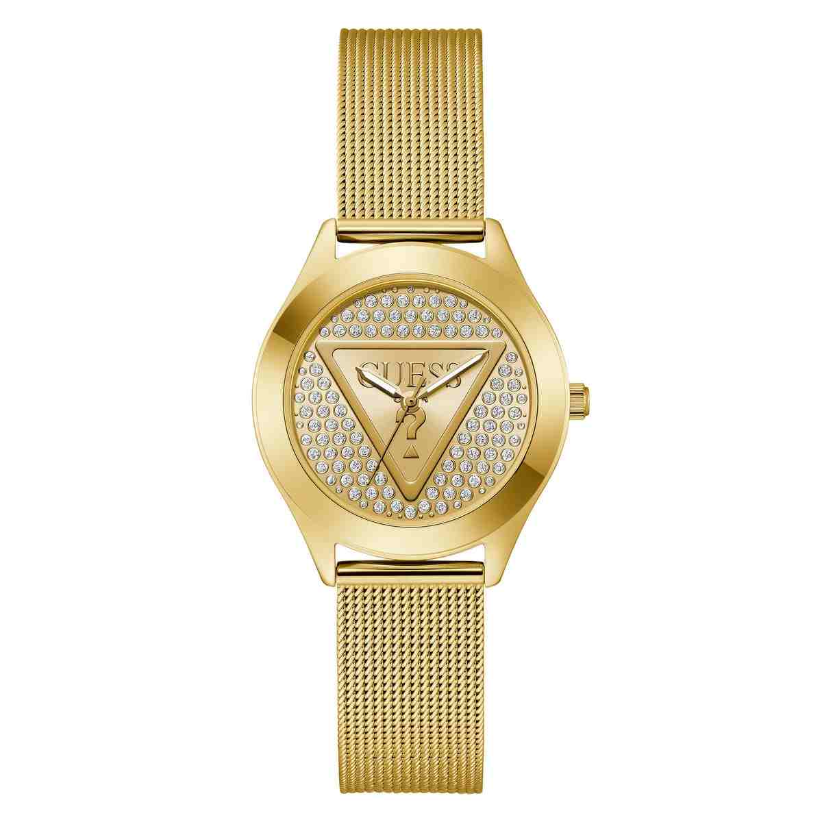 Glitz Plaque Gold Tone Steel Mesh Analog Watch