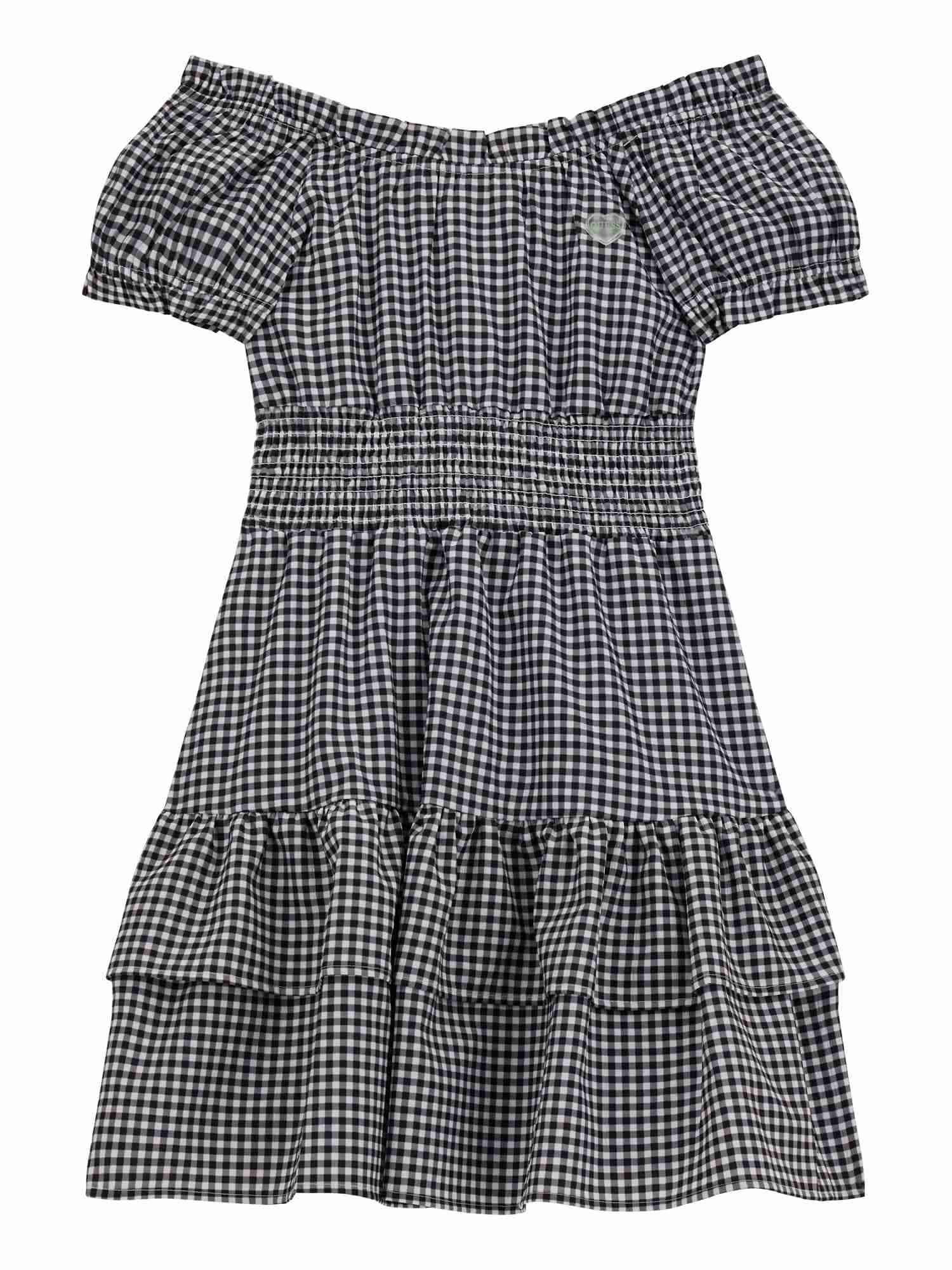 Guess Kids Girls Black Gingham Check Off-Shoulder Neck Short Sleeve Seersucker Fit & Flare Dress