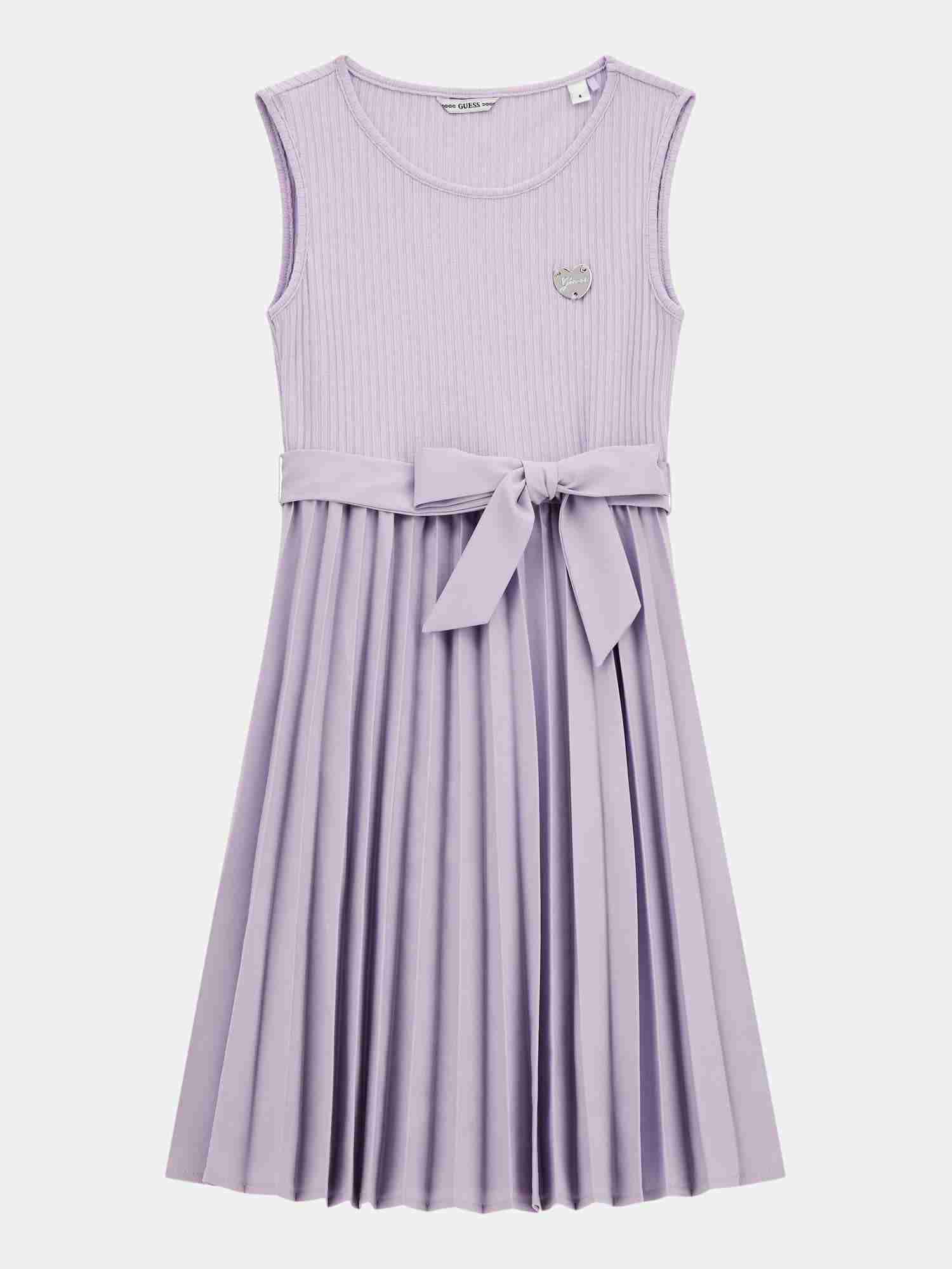 Guess Kids Girls Lilac Ribbed Round Neck Sleeveless Fit & Flare Pleated Dress