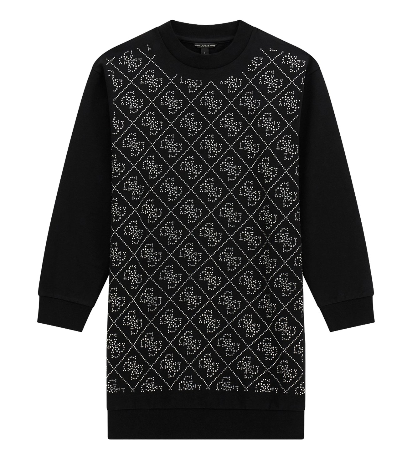 Guess Girls Black Geometric Embellished Round Neck Long Sleeves Sweater Dress