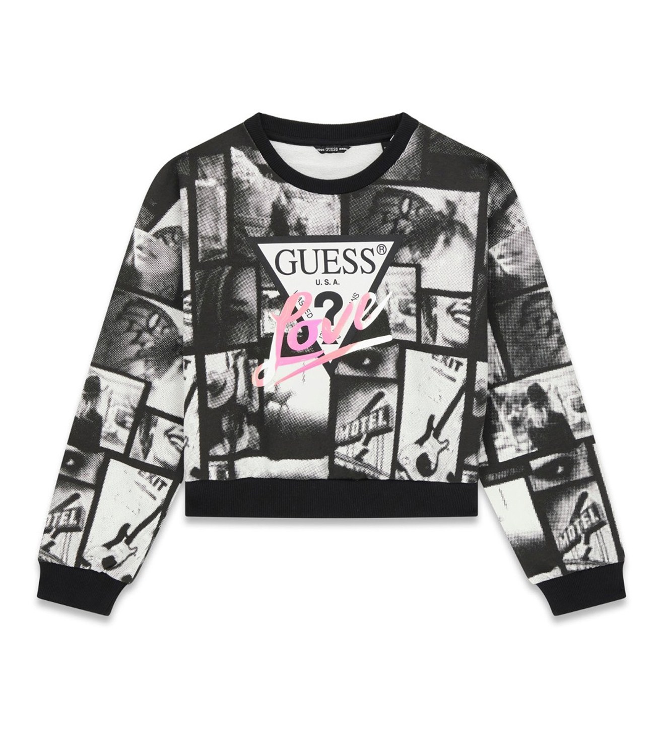 Guess Girls Black Photo Collage Graphic Print Round Neck Long Sleeves Sweatshirt