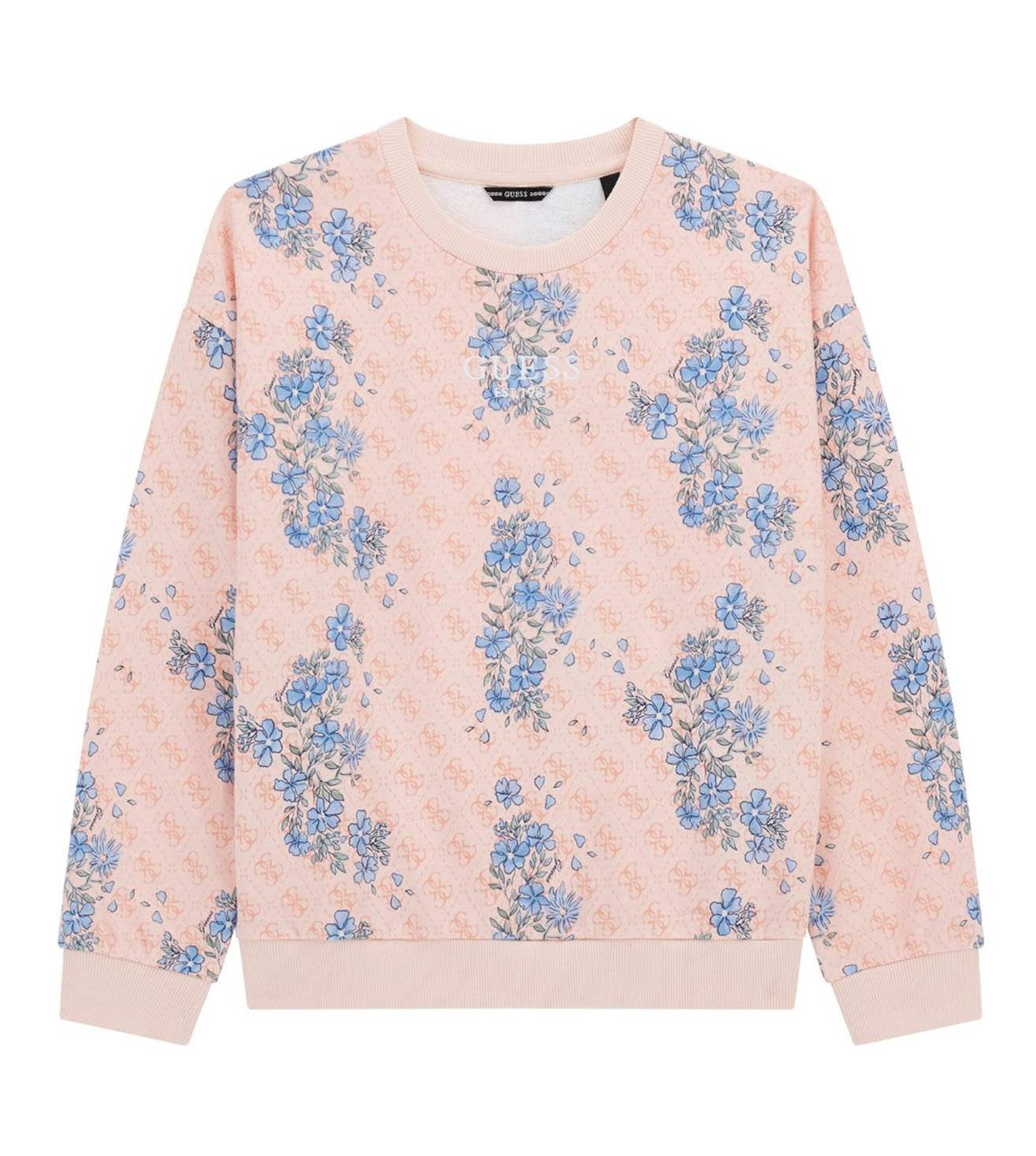 Guess Girls Pink Floral & Geometric Print Round Neck Long Sleeves Sweatshirt