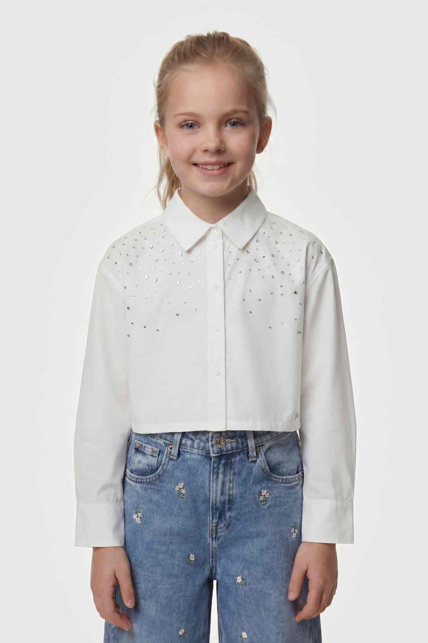 Guess Kids Girls White Embellished Spread Collar Full Sleeve Boxy Poplin Shirt