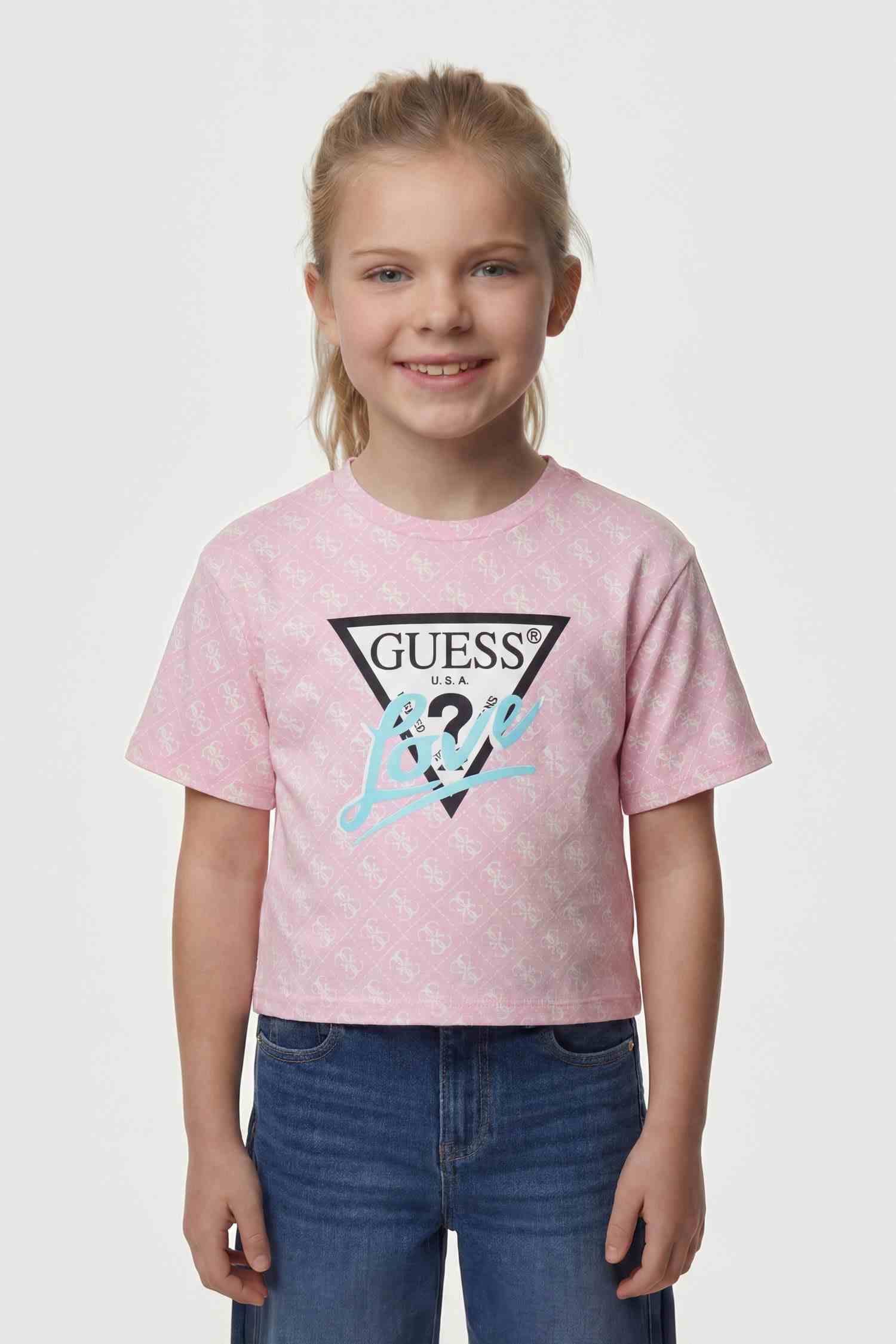 Guess Kids Girls Pink Monogram Round Neck Short Sleeve Mid Organic T-Shirt