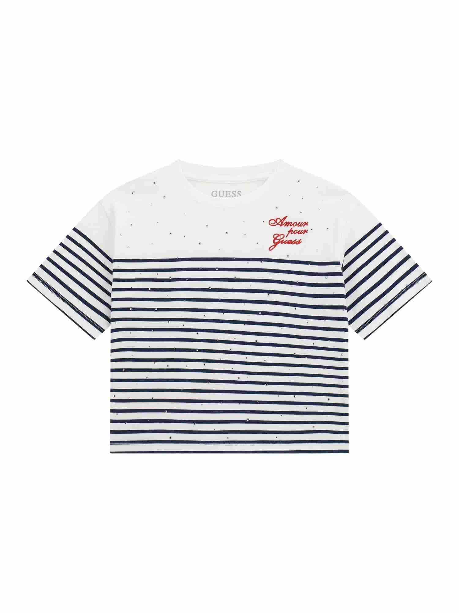 Guess Kids Girls Blue Stripes Round Neck Short Sleeve Mid Organic T-Shirt