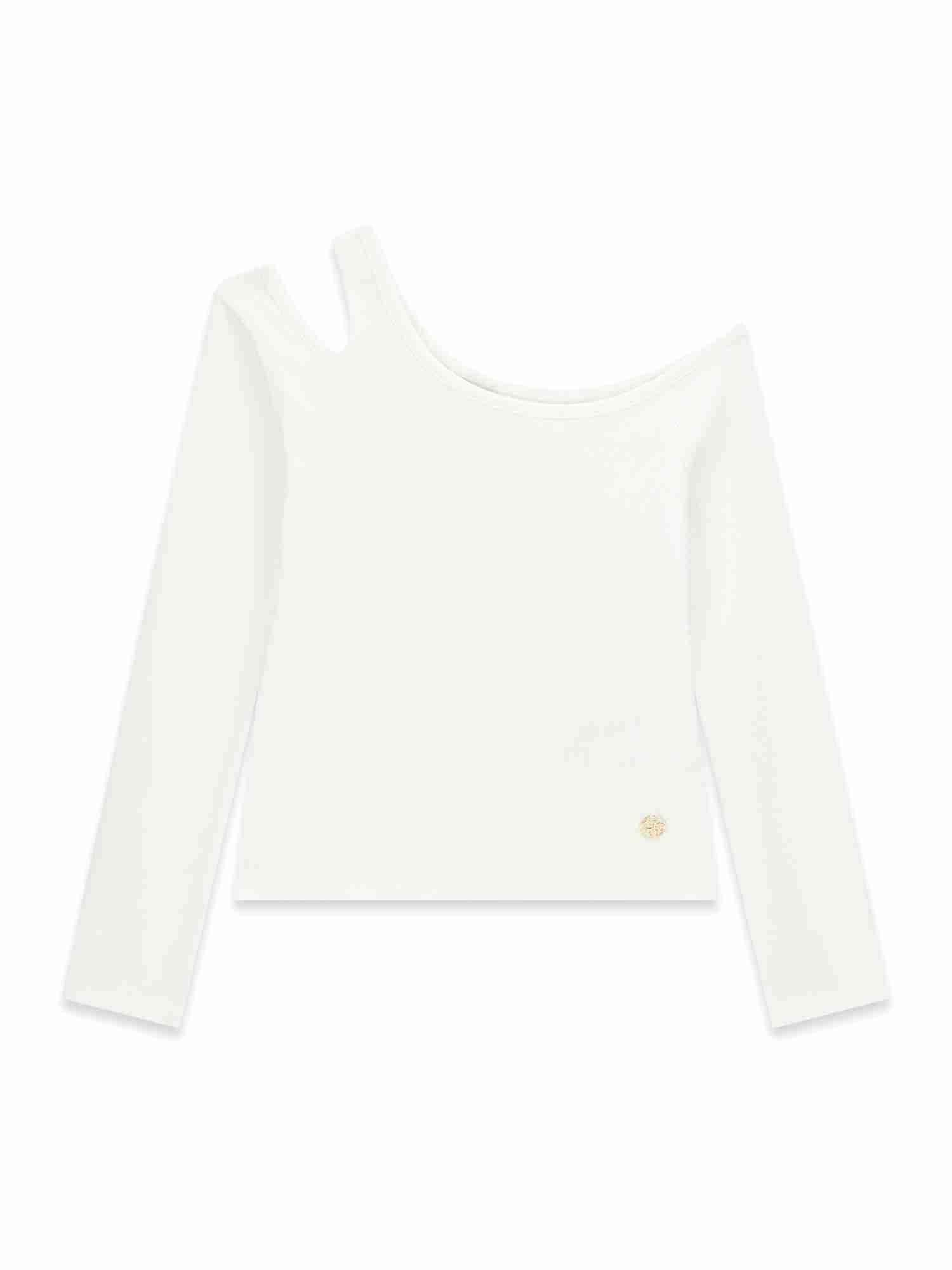 Guess Kids Girls White Solid Cold Shoulder Full Sleeve Rib T-Shirt