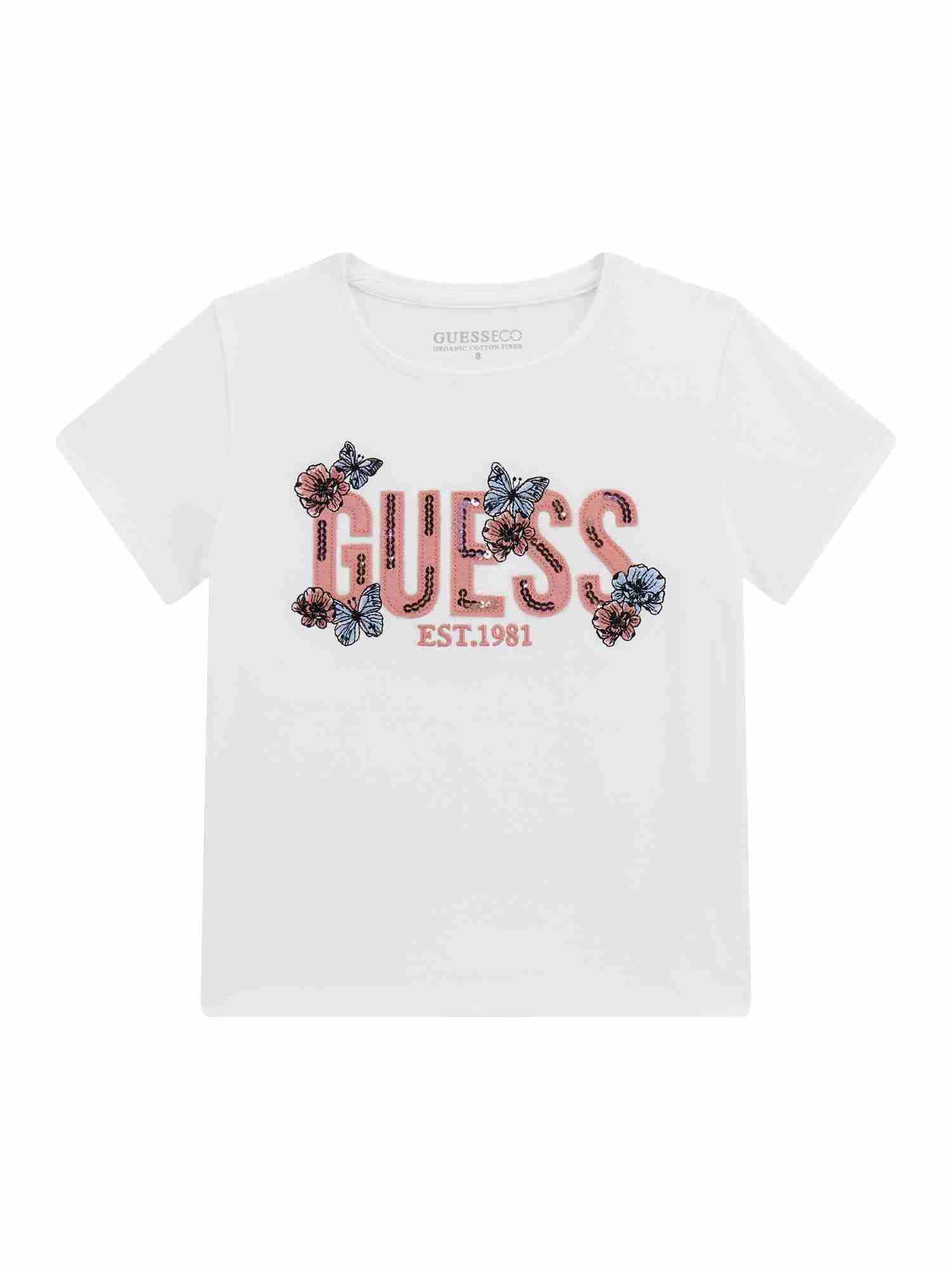Guess Kids Girls White Embellished Round Neck Short Sleeve Mid Organic T-Shirt