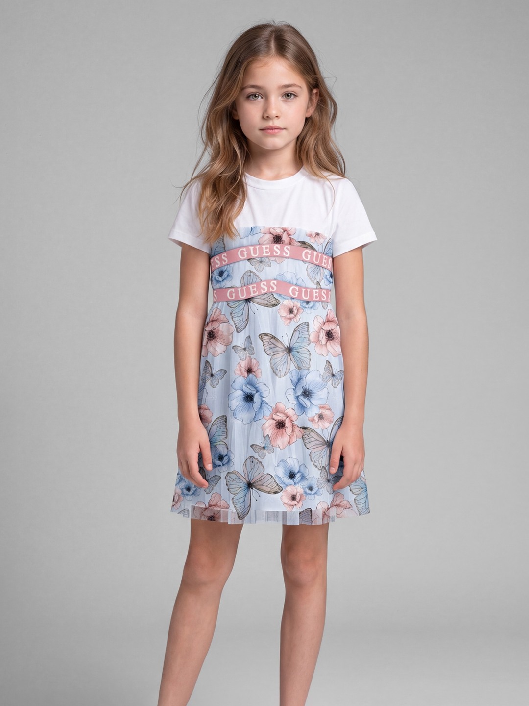 Guess Round Neck Floral Mixed Fabric T-Shirt Dress