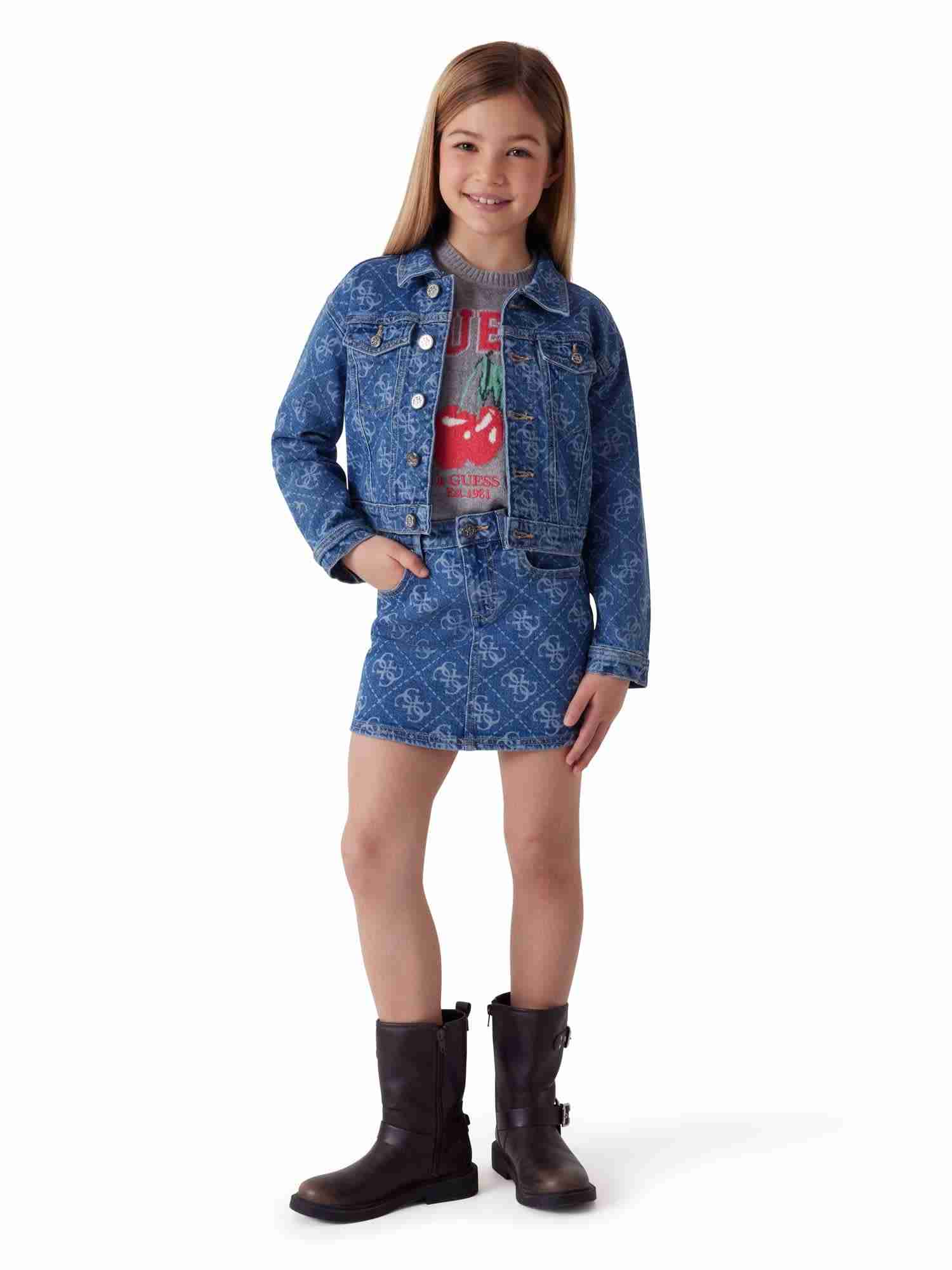 Guess Kids Girls Blue Printed Spread Collar Full Sleeve Denim Jacket