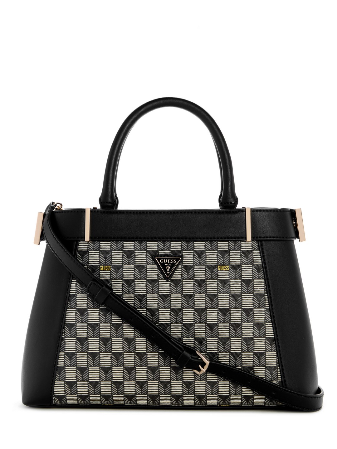 Guess Women Black Geometric Adjustable Detachable Strap Satchel Bag