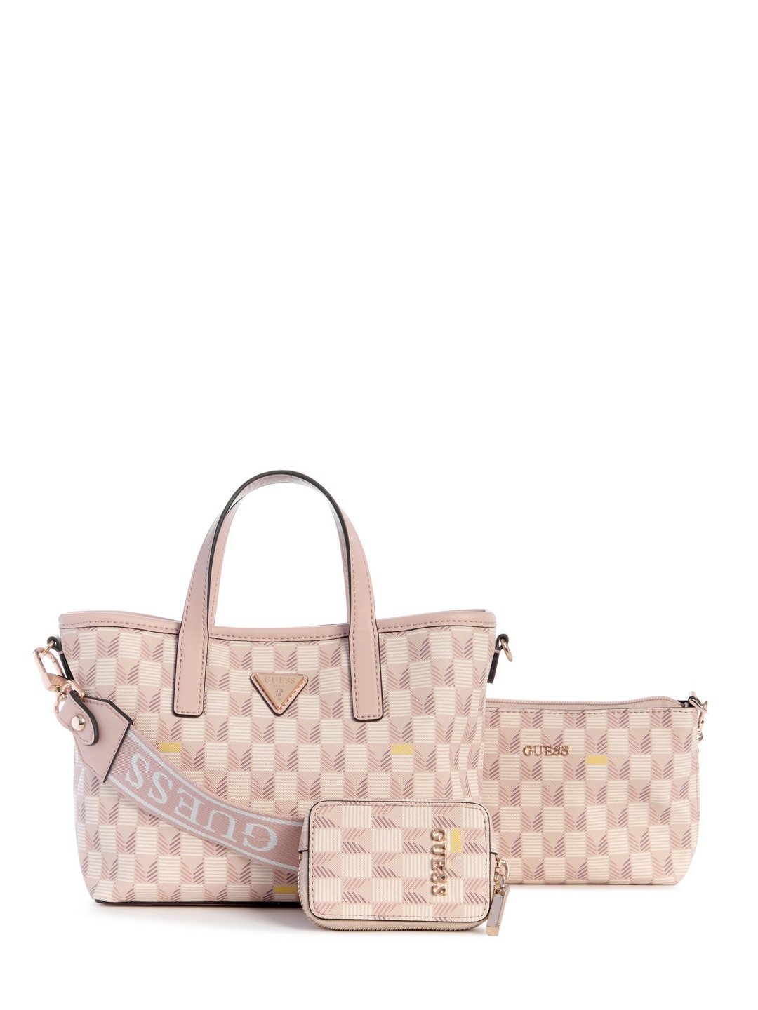 Guess Women Pink Geometric Detachable Strap Mini Tote Bag with Inner Bag