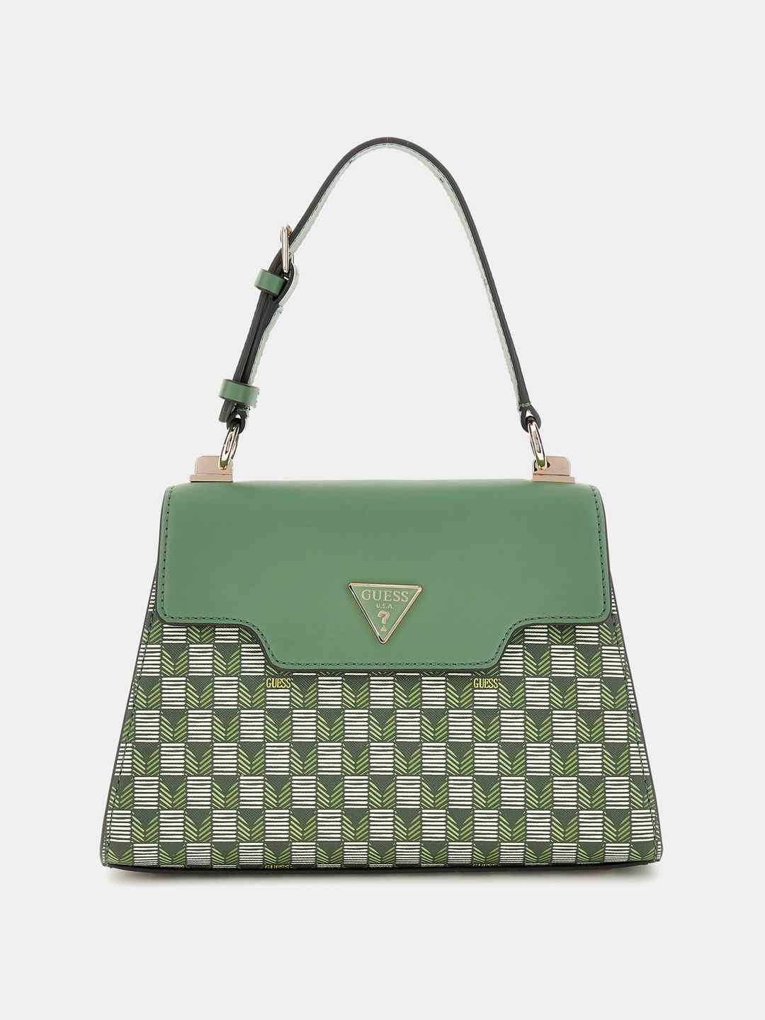 Green Logo Geometric Top Handle Flap Bag