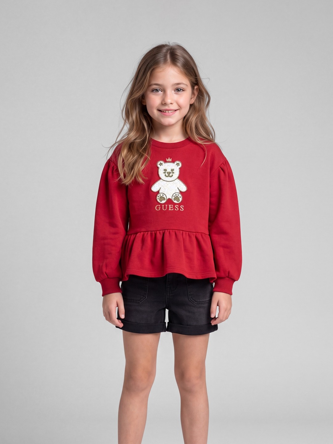 Guess Round Neck Teddy Bear Peplum Sweatshirt