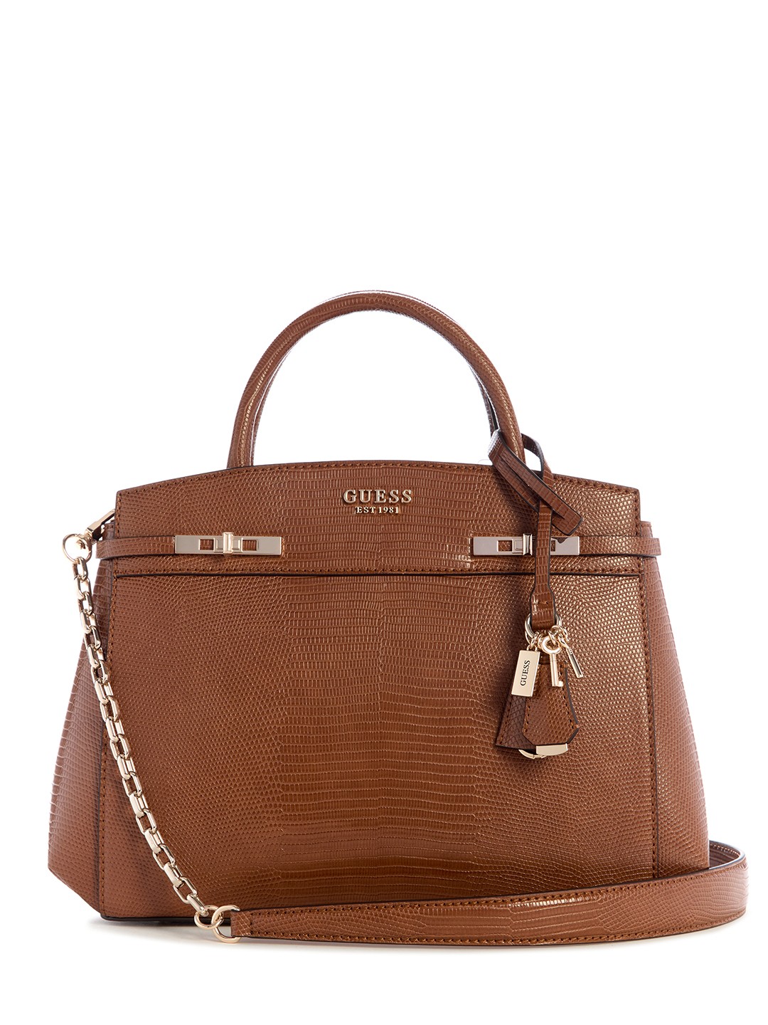 Cognac Textured Magnet Melinda Triple Comp Satchel Bag