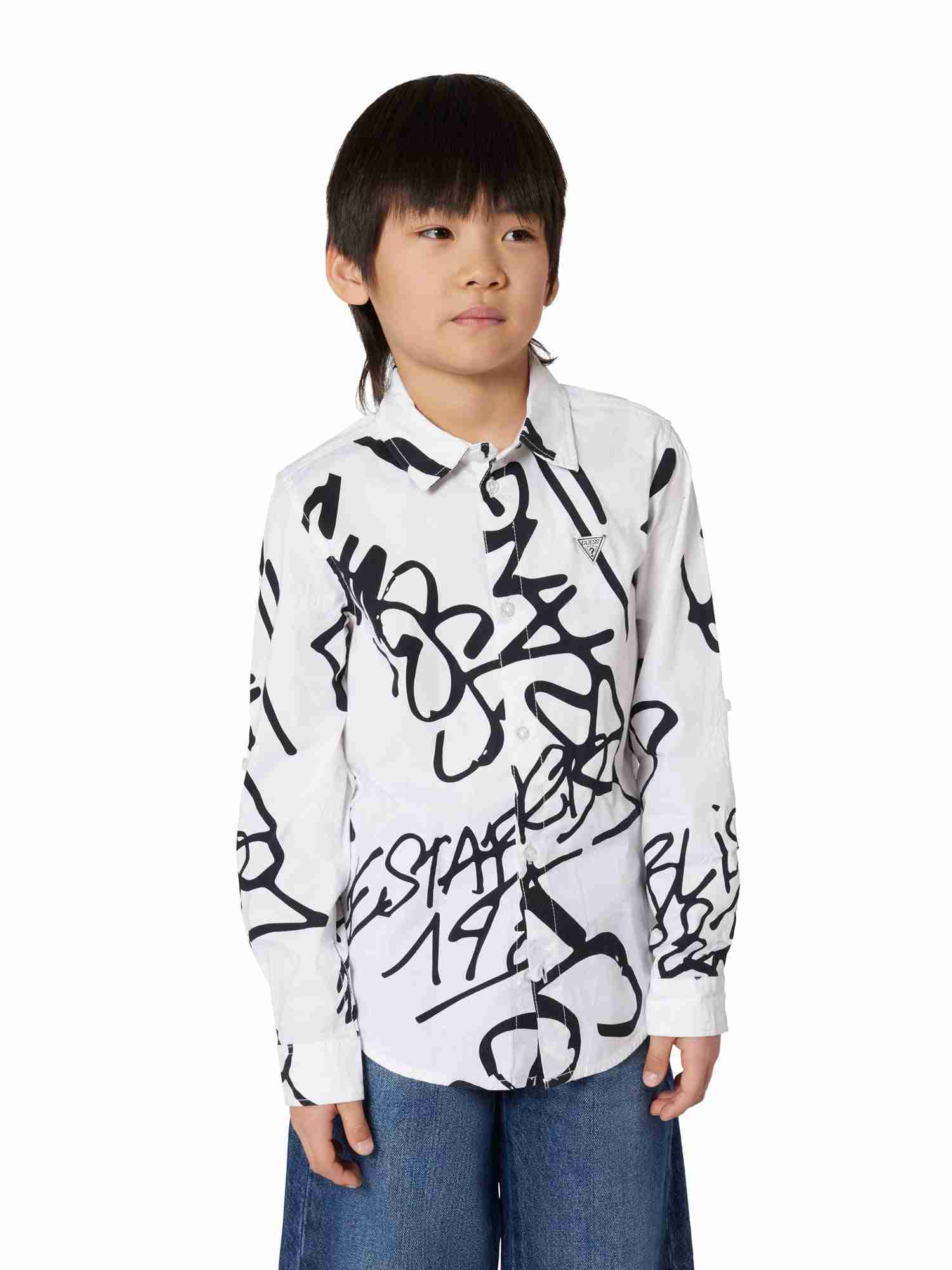 Guess Kids Boys White Graffiti Print Spread Collar Full Sleeve Stretch Poplin Shirt