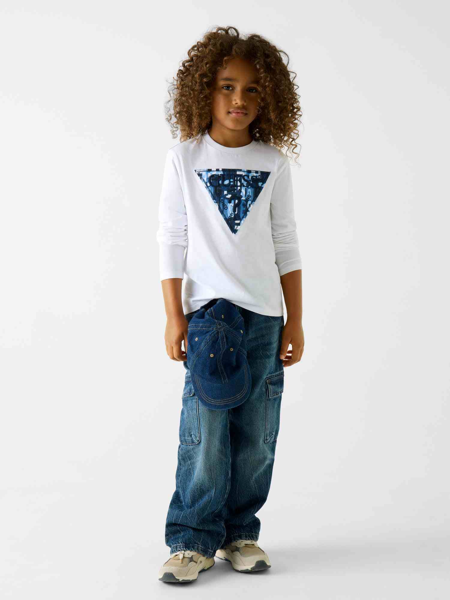 Guess Kids Boys White Graphic Round Neck Full Sleeve Mid Organic T-Shirt