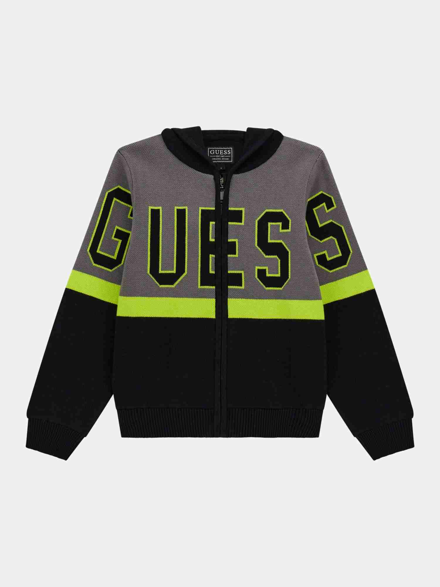 Guess Kids Boys Black Colorblock Hooded Neck Full Sleeve Sweater